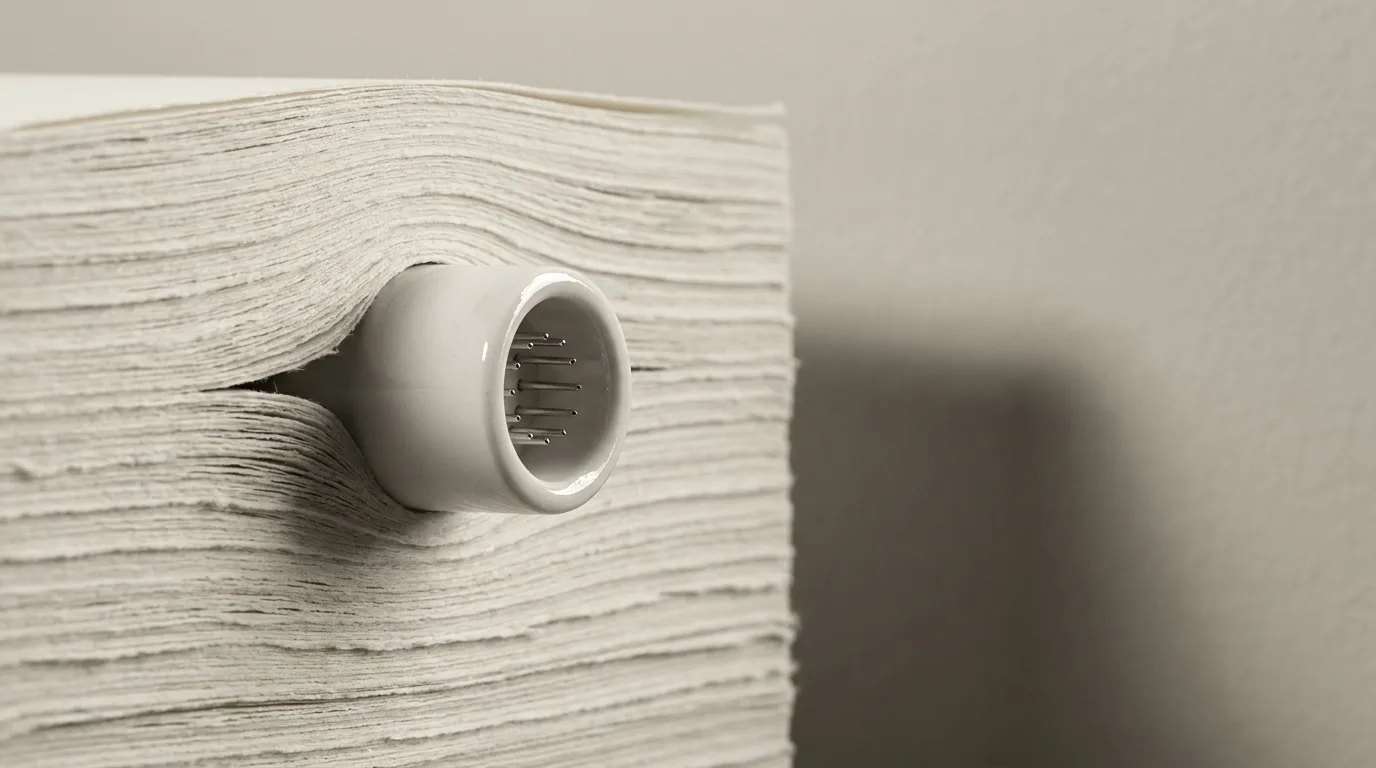 Fiche de porcelaine blanche enfoncée à moitié dans une pile épaisse de feuilles ivoire