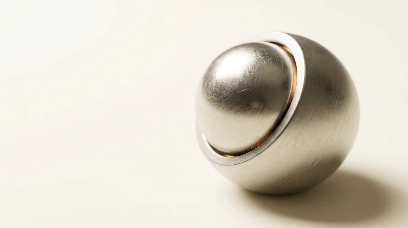 Rotule en aluminium brossé saisie en pleine rotation, lumière latérale douce sur fond ivoire