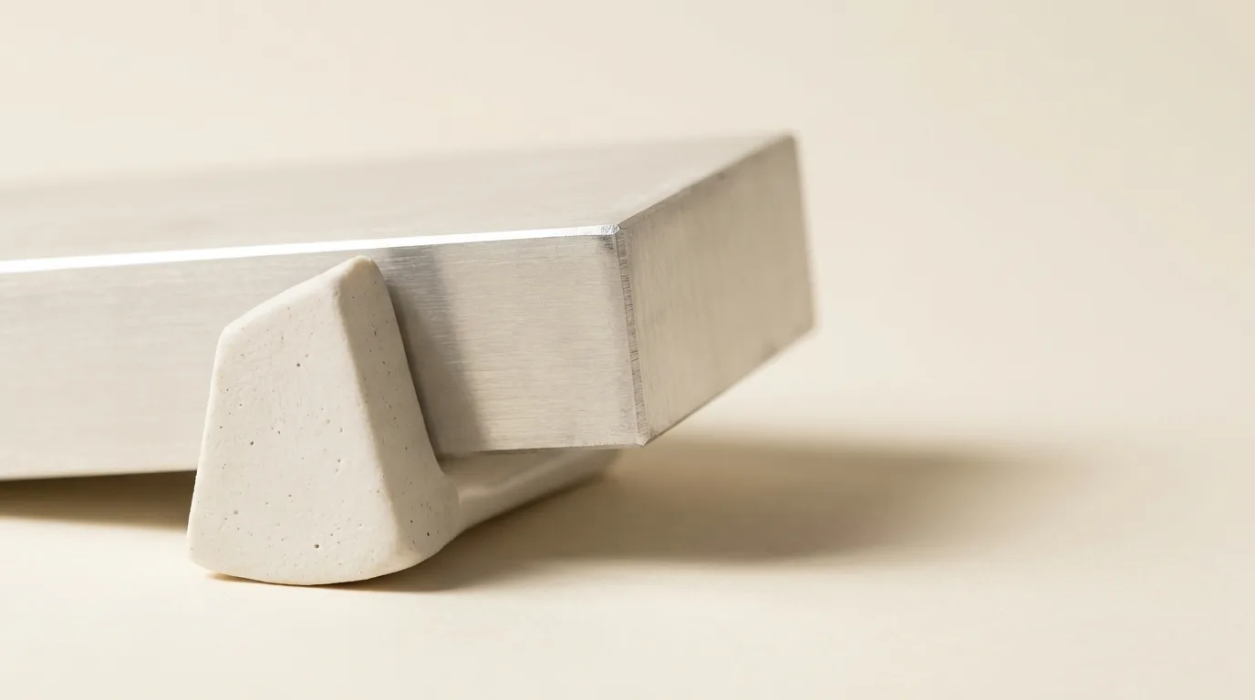 Cale en céramique mate soulevant un bloc d'aluminium brossé sur un pivot, lumière latérale douce