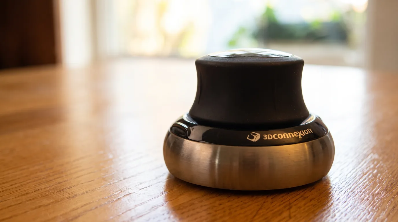 Une SpaceMouse Compact posée sur un bureau en bois clair, devant une fenêtre lumineuse et floue