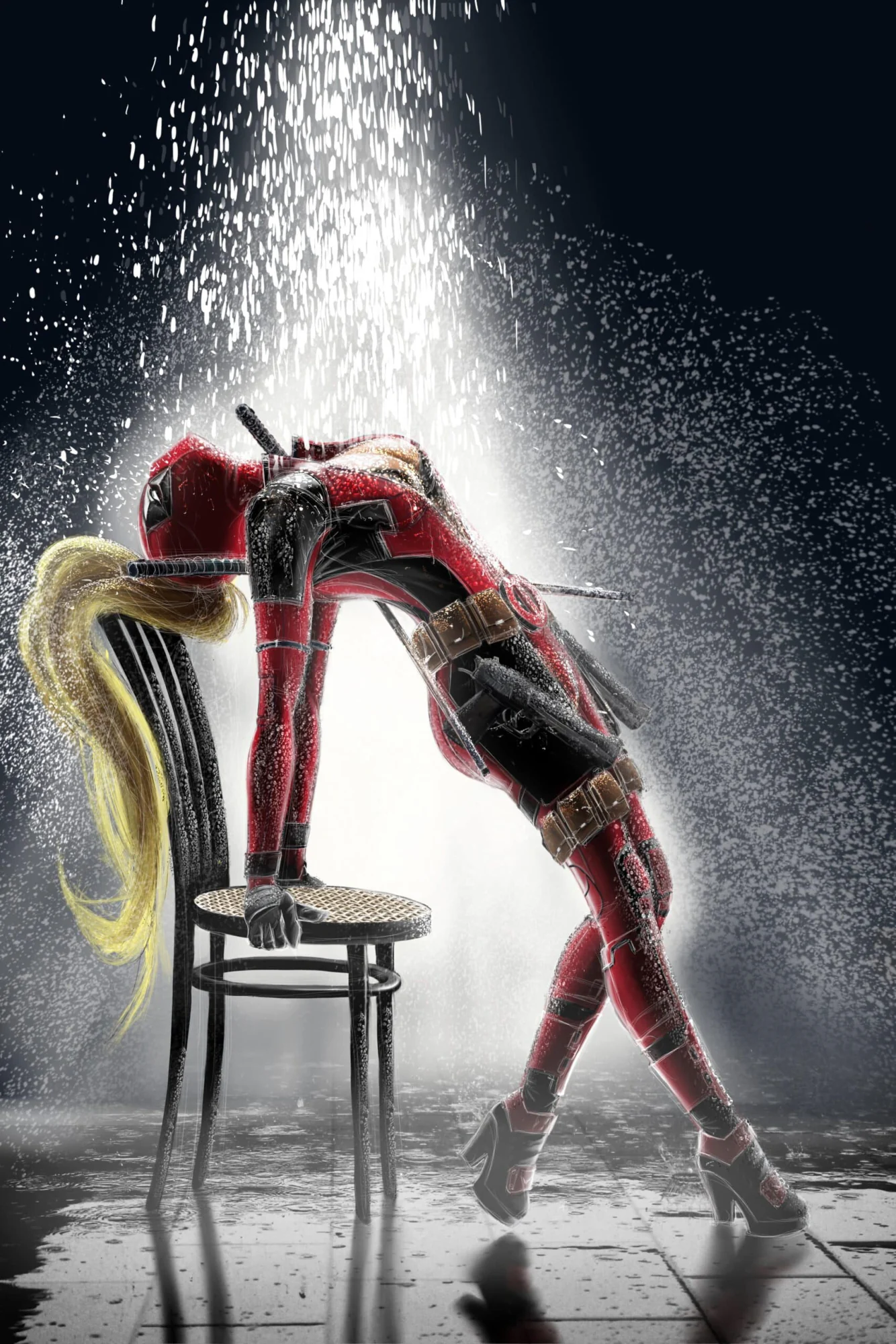 Lady Deadpool cambrée en arrière contre une chaise sous une cascade, pose Flashdance, cheveux blonds pendants., monté en caisse américaine