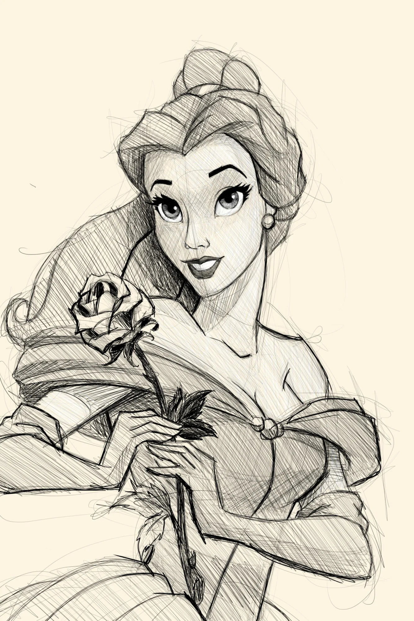 Belle de Disney en croquis noir sur crème, chignon, épaules nues, rose tenue à deux mains., monté en caisse américaine