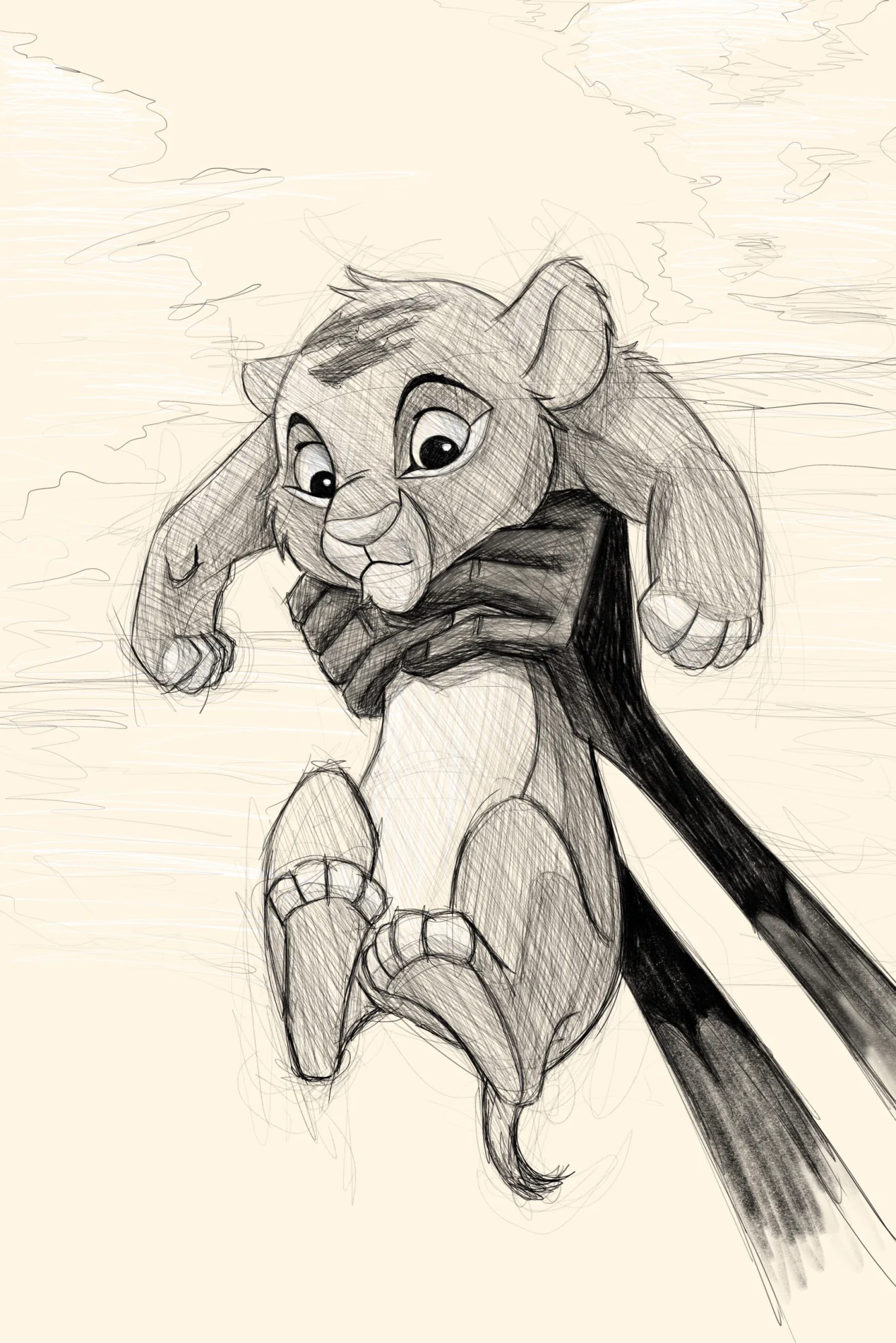 Simba lionceau du Roi lion, soulevé par deux bras sombres, pattes pendantes, croquis sur crème., monté en caisse américaine
