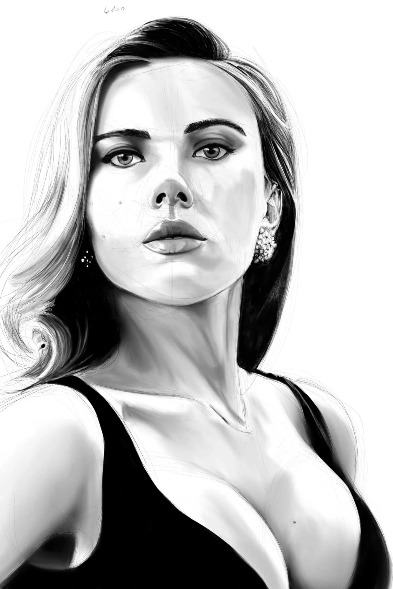 Portrait de Scarlett Johansson en noir et blanc, regard frontal, chevelure claire au trait., monté en caisse américaine