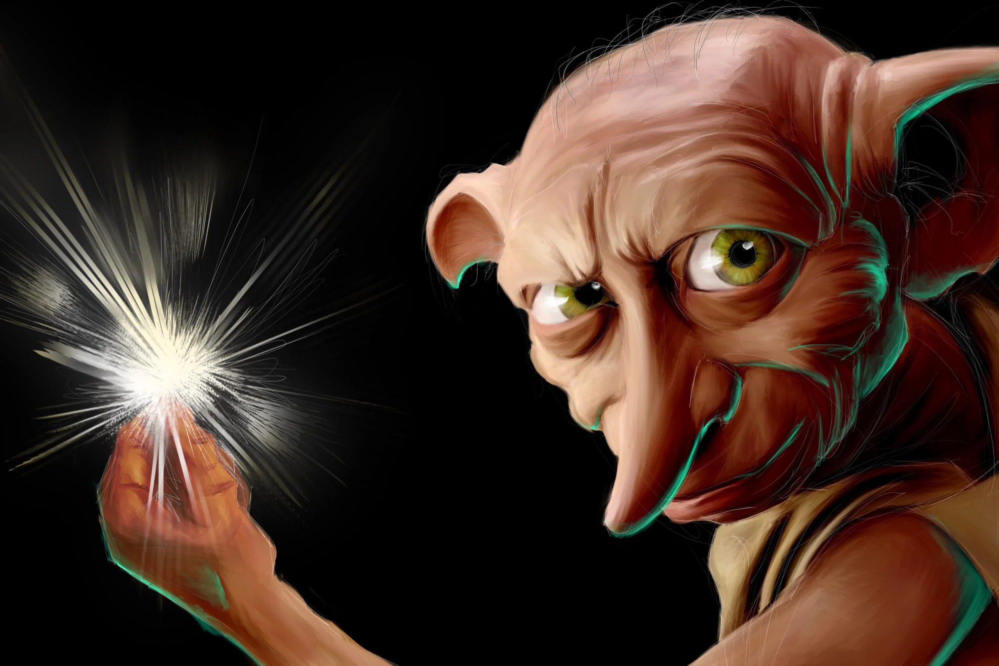 Dobby, l'elfe de Harry Potter, yeux verts durcis, éclat blanc au bout des doigts., monté en caisse américaine