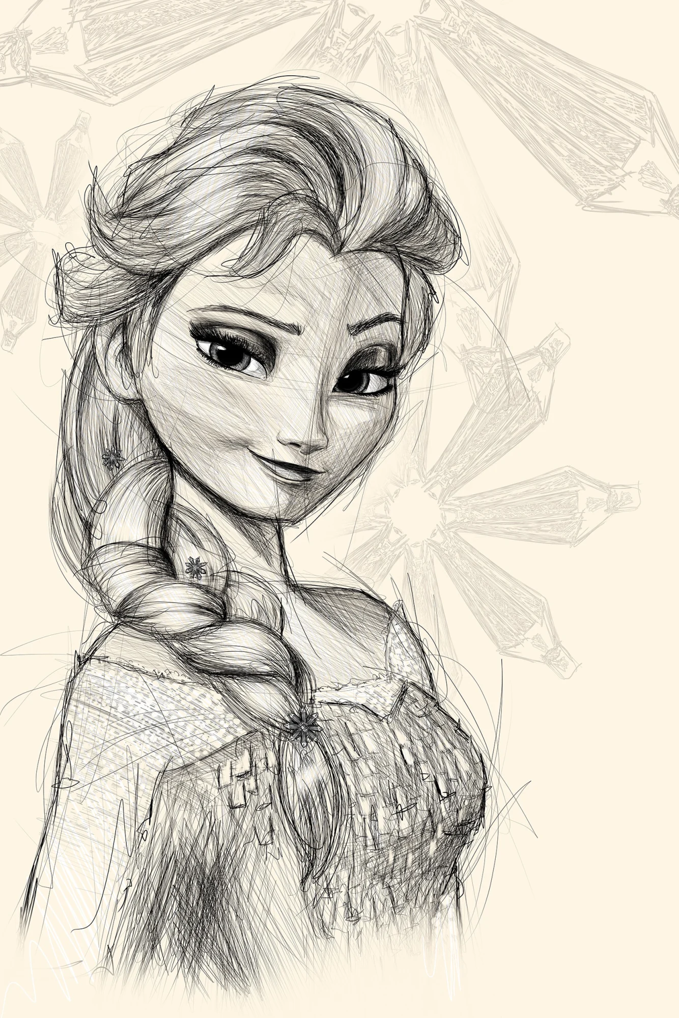 Elsa de La Reine des neiges en croquis, tresse sur l'épaule, sourire en coin, flocons esquissés., monté en caisse américaine