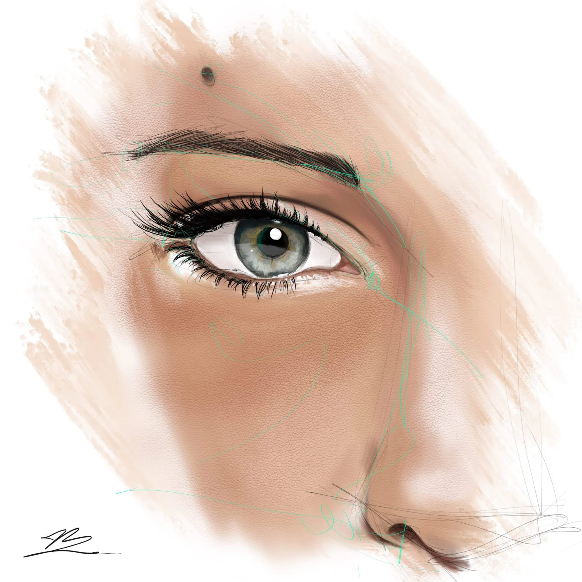 Gros plan carré sur un œil de femme, iris gris-vert clair, sourcil arqué, cils épais., monté en caisse américaine
