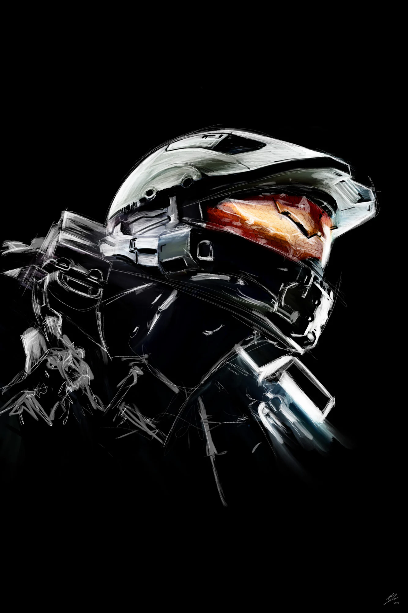 Casque du Master Chief de Halo, de trois quarts, visière orange, armure esquissée en traits blancs., monté en caisse américaine