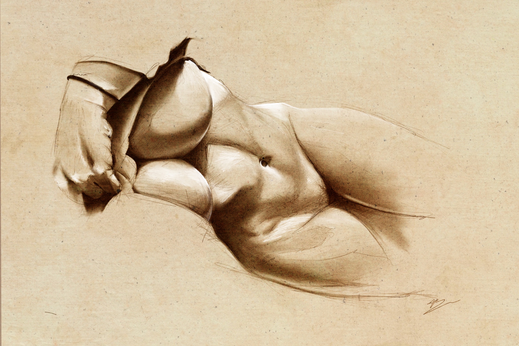 Torse féminin allongé, sépia : seins, ventre et nombril, bras replié au-dessus de la tête, tête et jambes hors du cadre, fond kraft clair., monté en caisse américaine