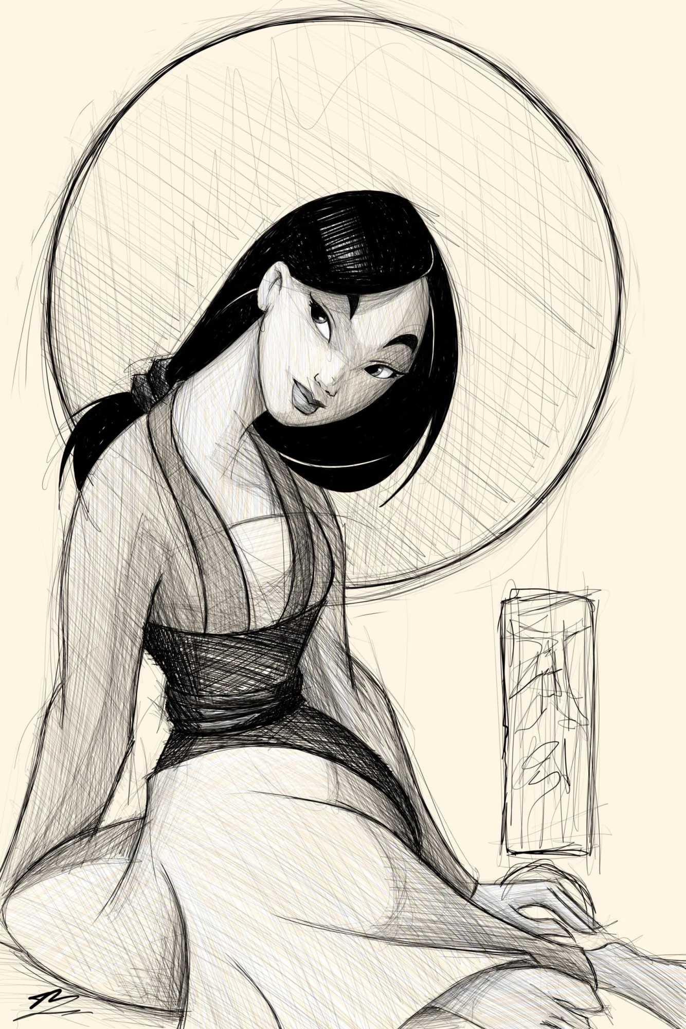 Mulan de Disney assise en croquis, regard par-dessus l'épaule, grand cercle et calligraphie derrière., monté en caisse américaine