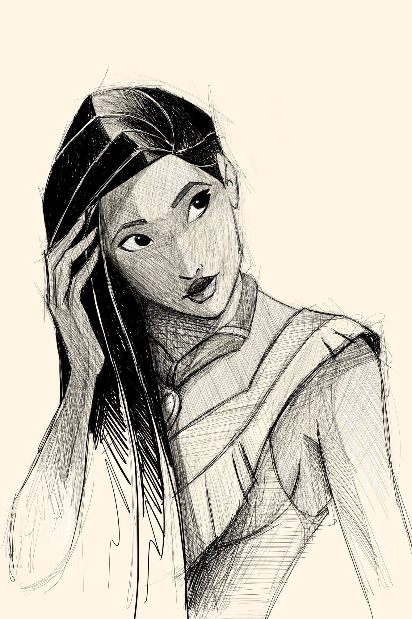 Pocahontas de Disney en croquis, main dans les cheveux, regard levé de côté, fond crème., monté en caisse américaine