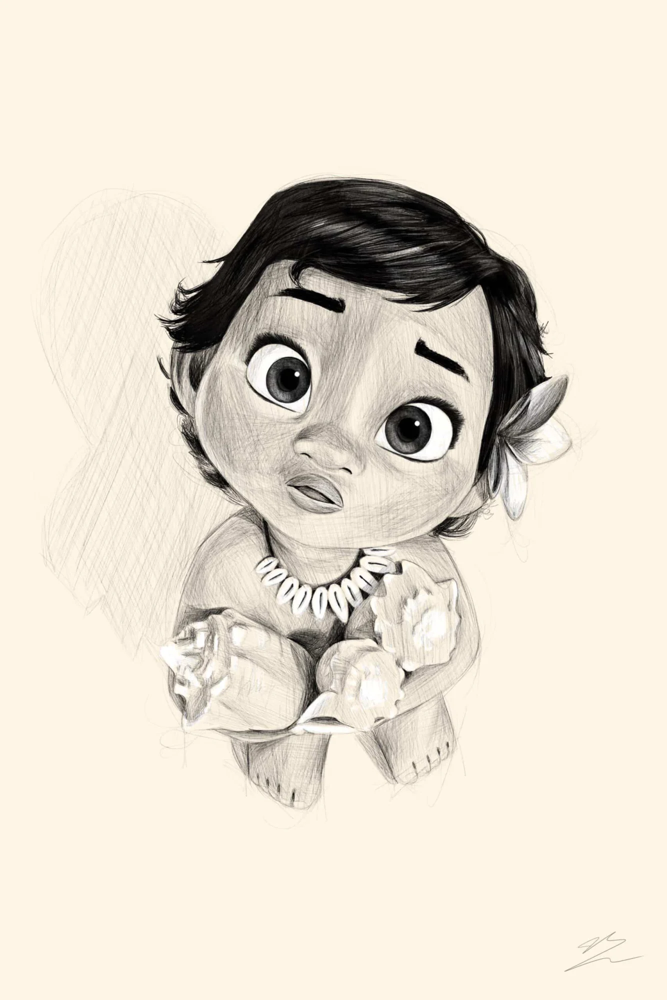 Vaiana bébé de Disney en croquis, yeux levés, fleur à l'oreille, coquillages contre elle., monté en caisse américaine