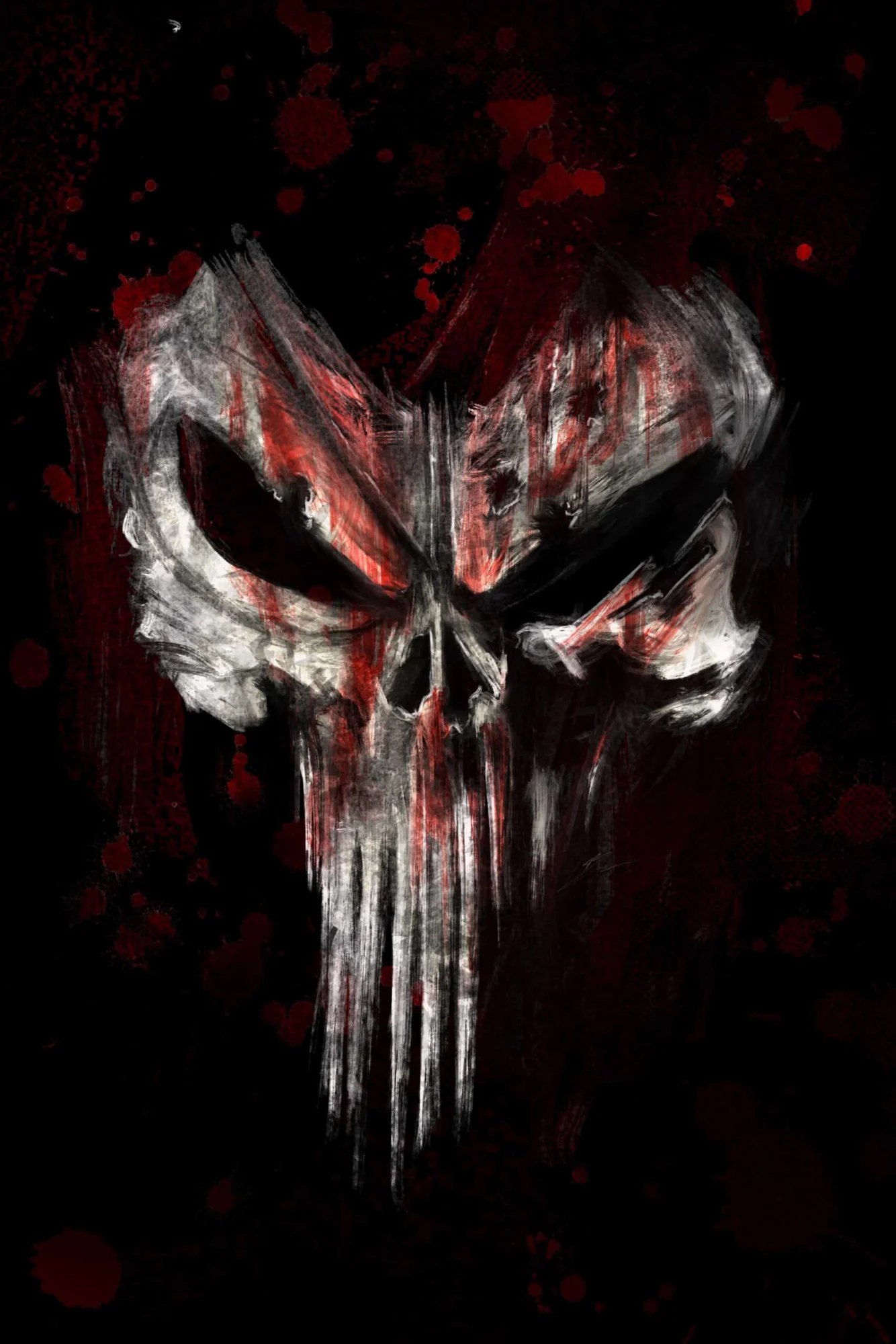 Le crâne du Punisher en coups de brosse blancs et rouges, éclaboussures sur fond noir., monté en caisse américaine
