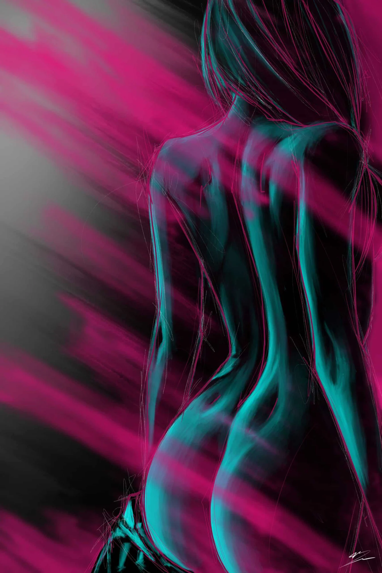 Femme nue de dos traitée en turquoise, cheveux longs, traversée de rais magenta sur fond noir., monté en caisse américaine