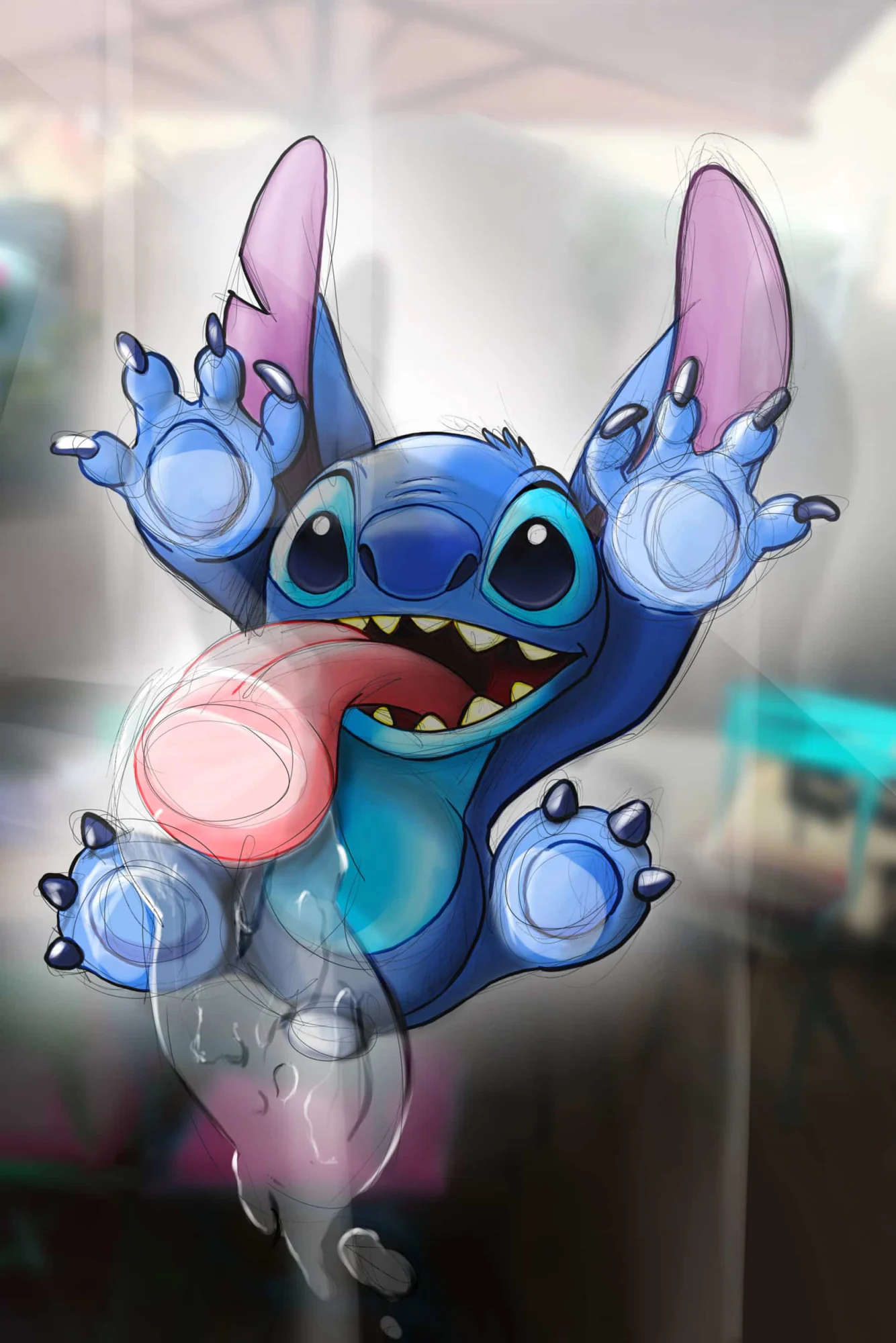 Stitch de Disney plaqué contre une vitre, pattes écrasées, langue dehors, bave sur le verre., monté en caisse américaine