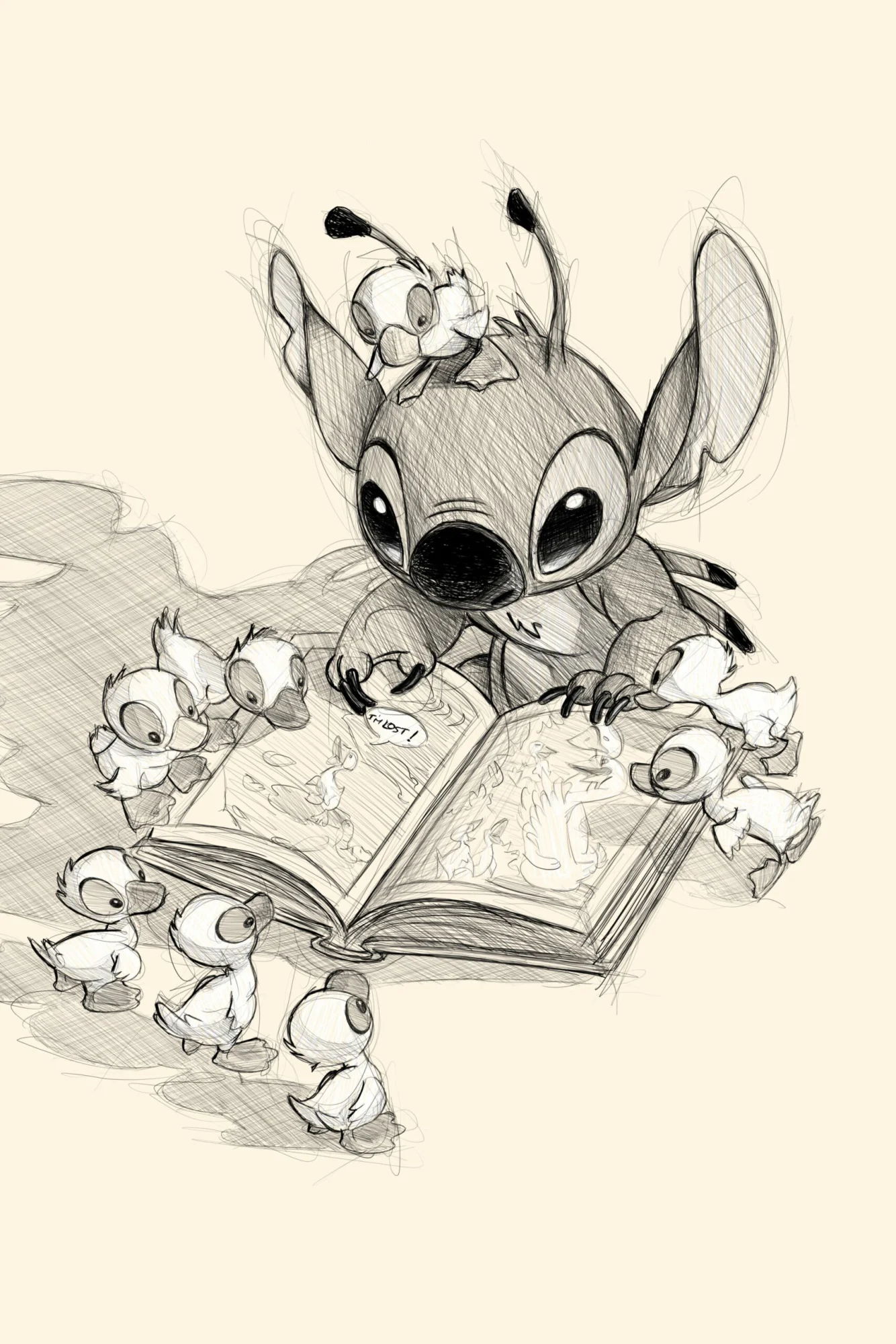 Stitch de Disney en croquis, livre ouvert sous les griffes, canetons autour, un sur la tête., monté en caisse américaine