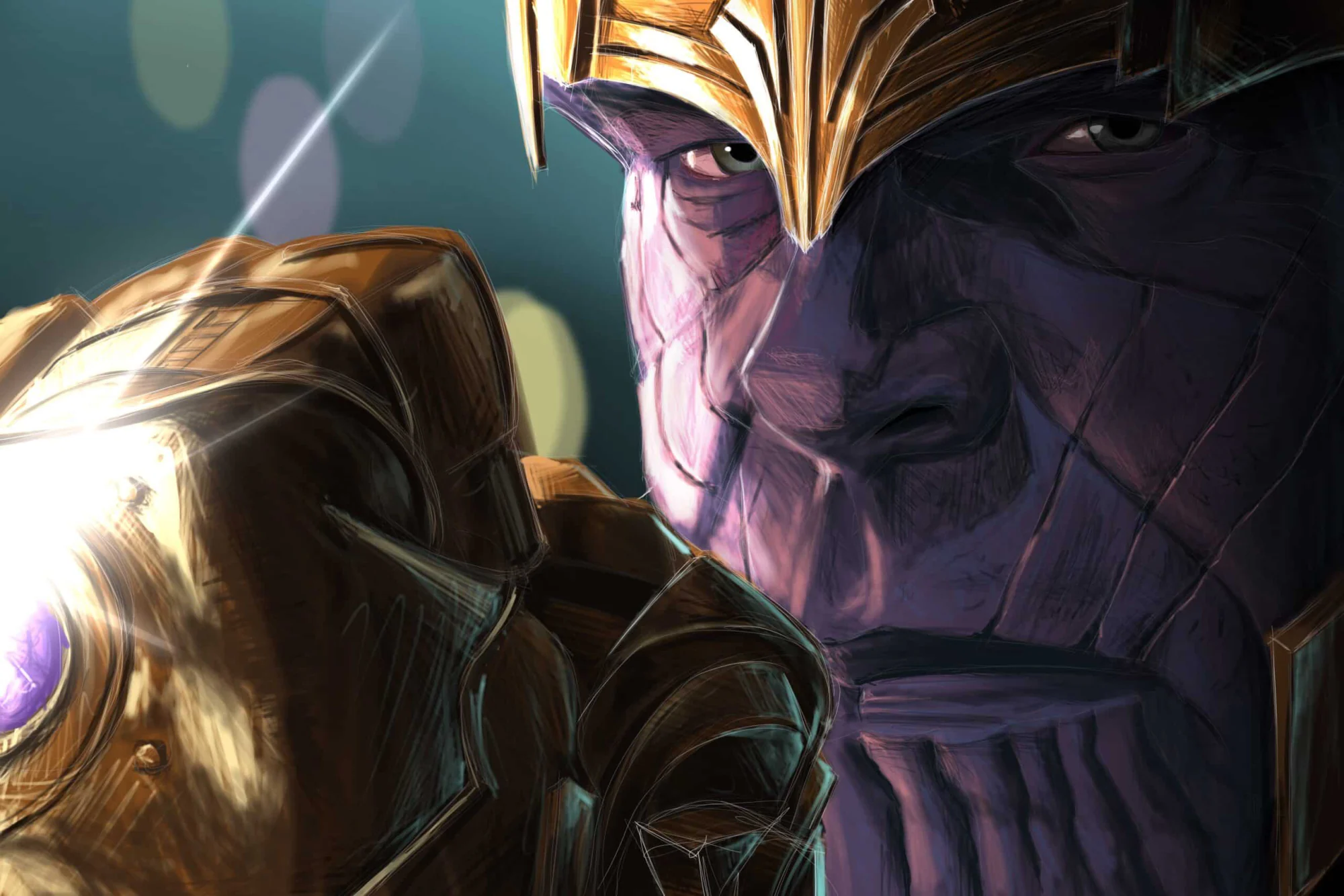 Thanos de Marvel en gros plan, casque doré, gantelet au premier plan, une gemme violette allumée., monté en caisse américaine