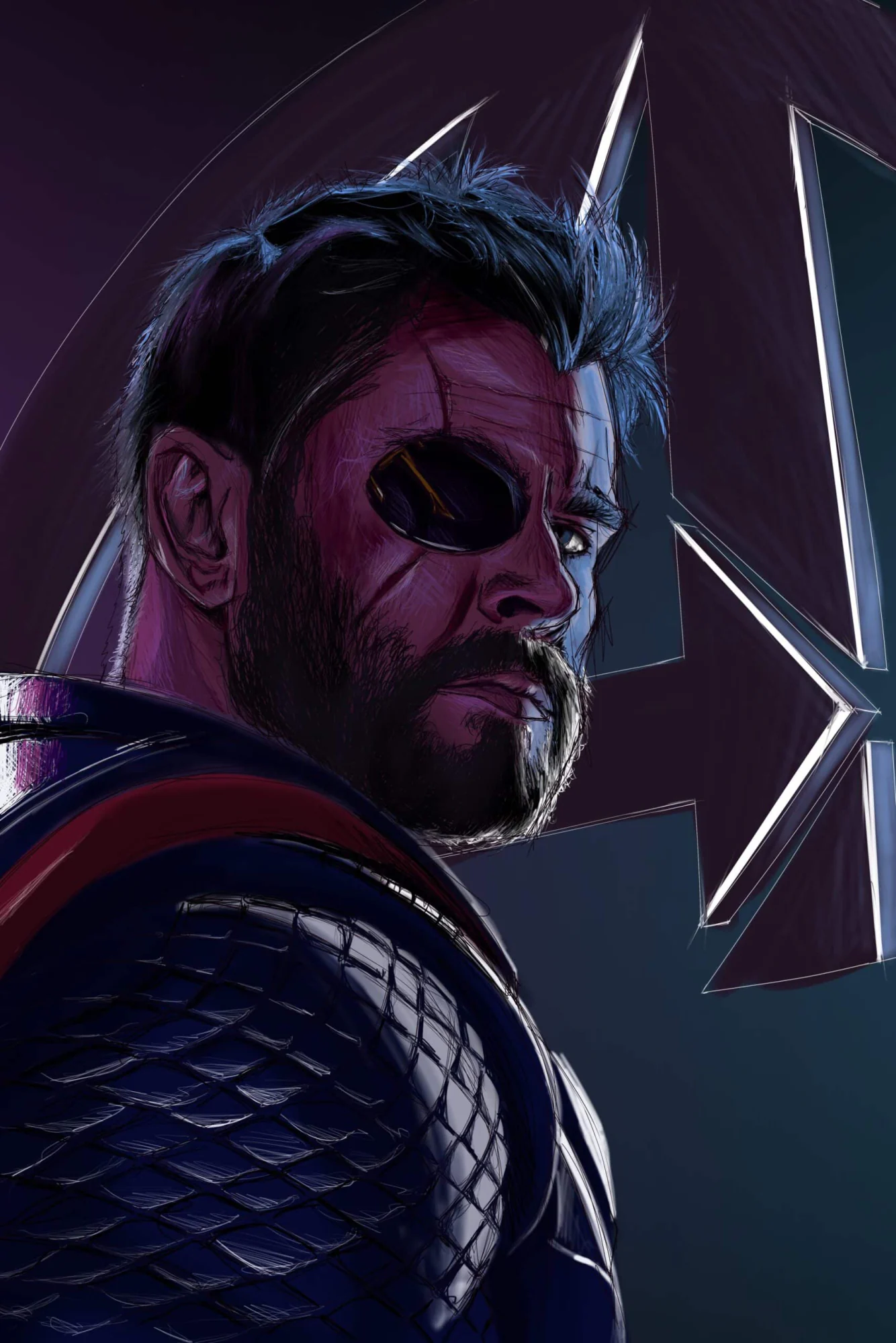 Thor sous les traits de Chris Hemsworth, cache-œil, regard par-dessus l'épaule, le A des Avengers derrière., monté en caisse américaine