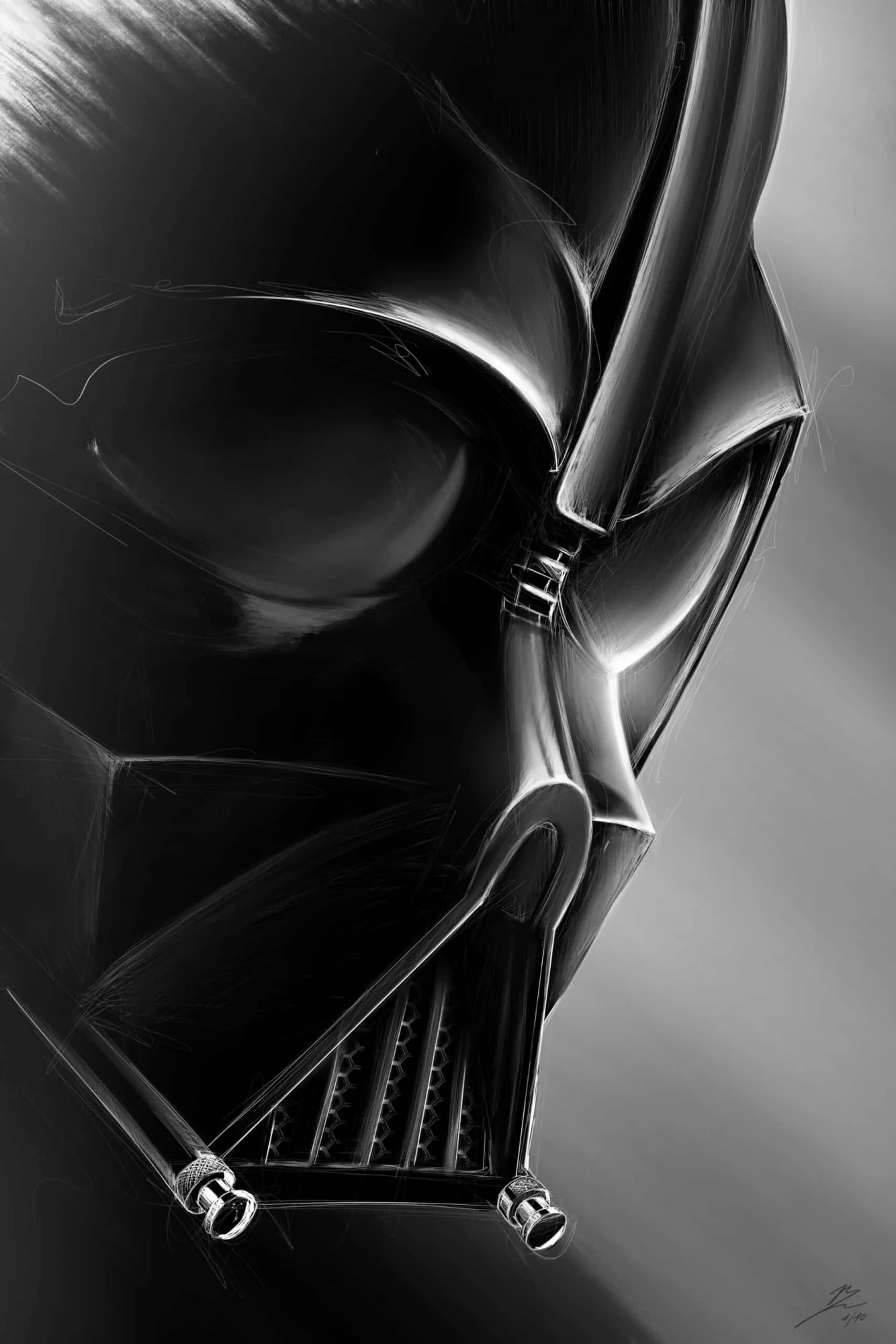 Masque de Dark Vador en gros plan, noir poli aux reflets nets, fond gris., monté en caisse américaine