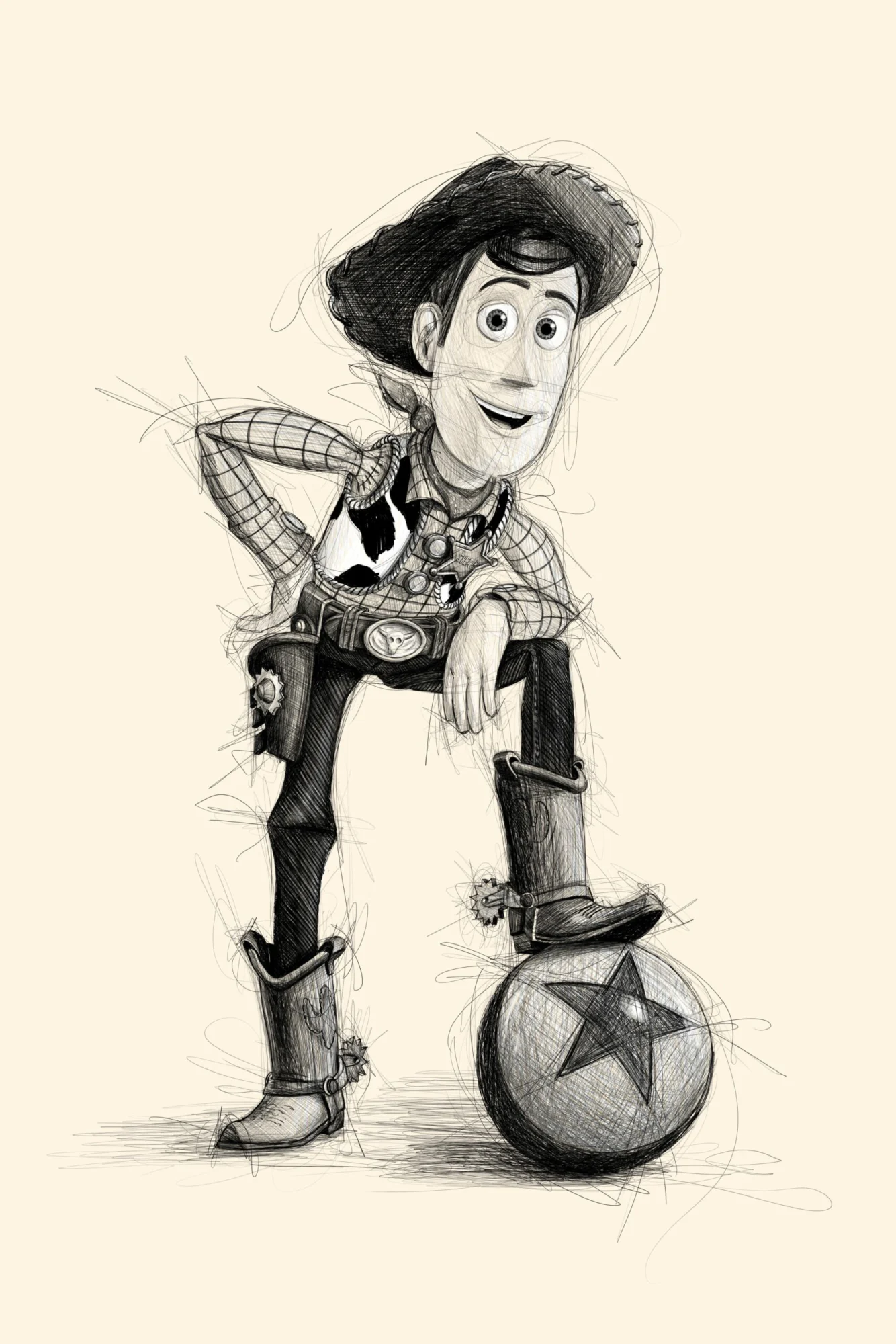 Woody de Toy Story en croquis, main sur la hanche, botte sur le ballon Pixar., monté en caisse américaine