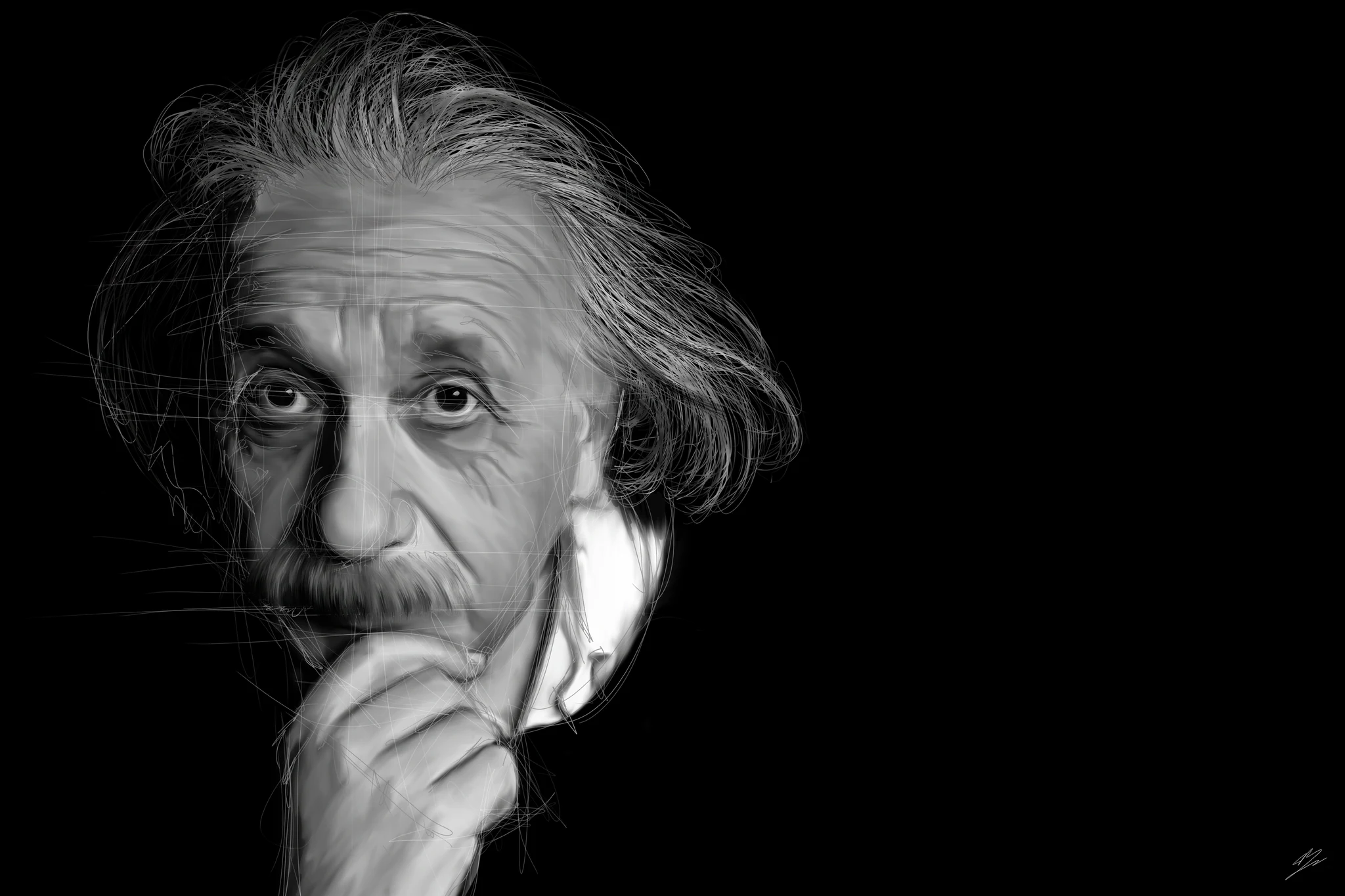 Albert Einstein âgé, la main sous le menton, cheveux blancs ébouriffés et moustache, sur fond noir., monté en caisse américaine