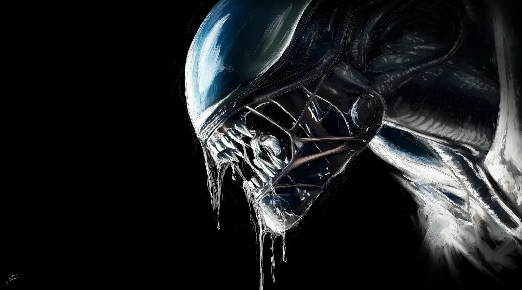 Le Xénomorphe d'Alien de profil, crâne allongé, peau noir-violet, mâchoire ouverte, bave en cascade., monté en caisse américaine