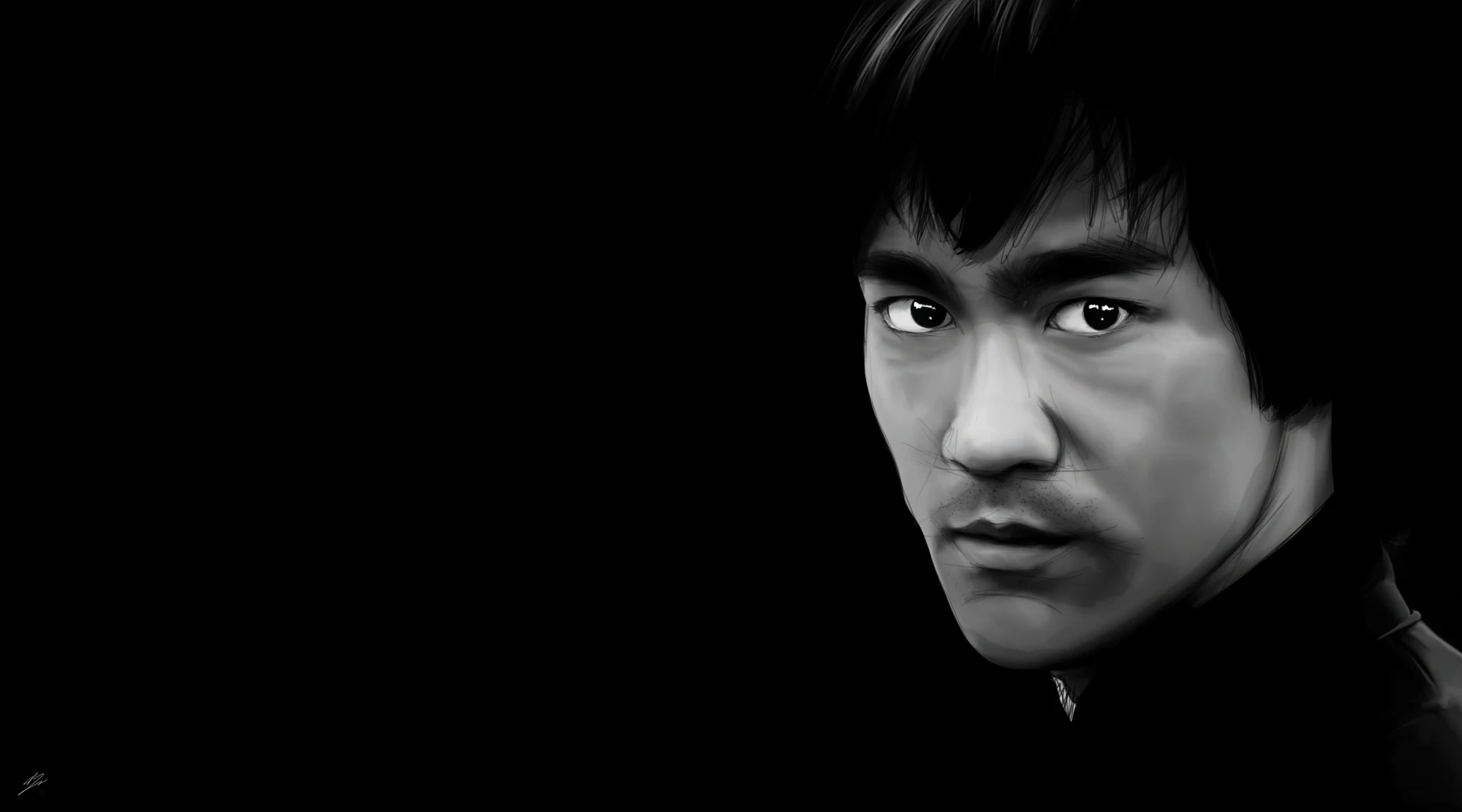 Bruce Lee de trois-quarts, moitié du visage éclairée, col noir, sur fond noir profond., monté en caisse américaine