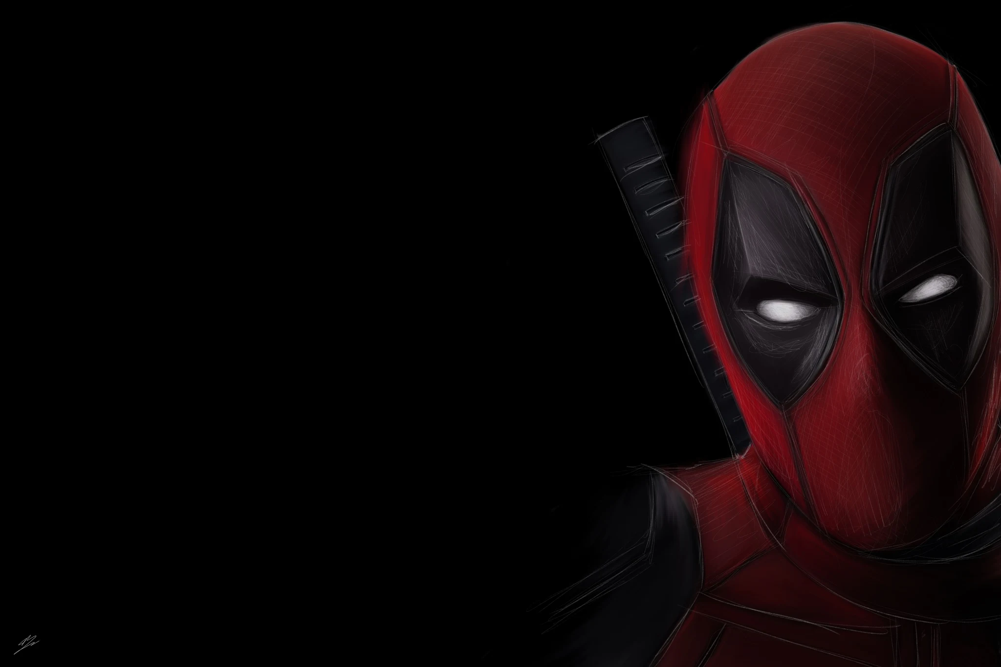 Le masque de Deadpool, fentes blanches des yeux, katana dans le dos, sur fond noir., monté en caisse américaine