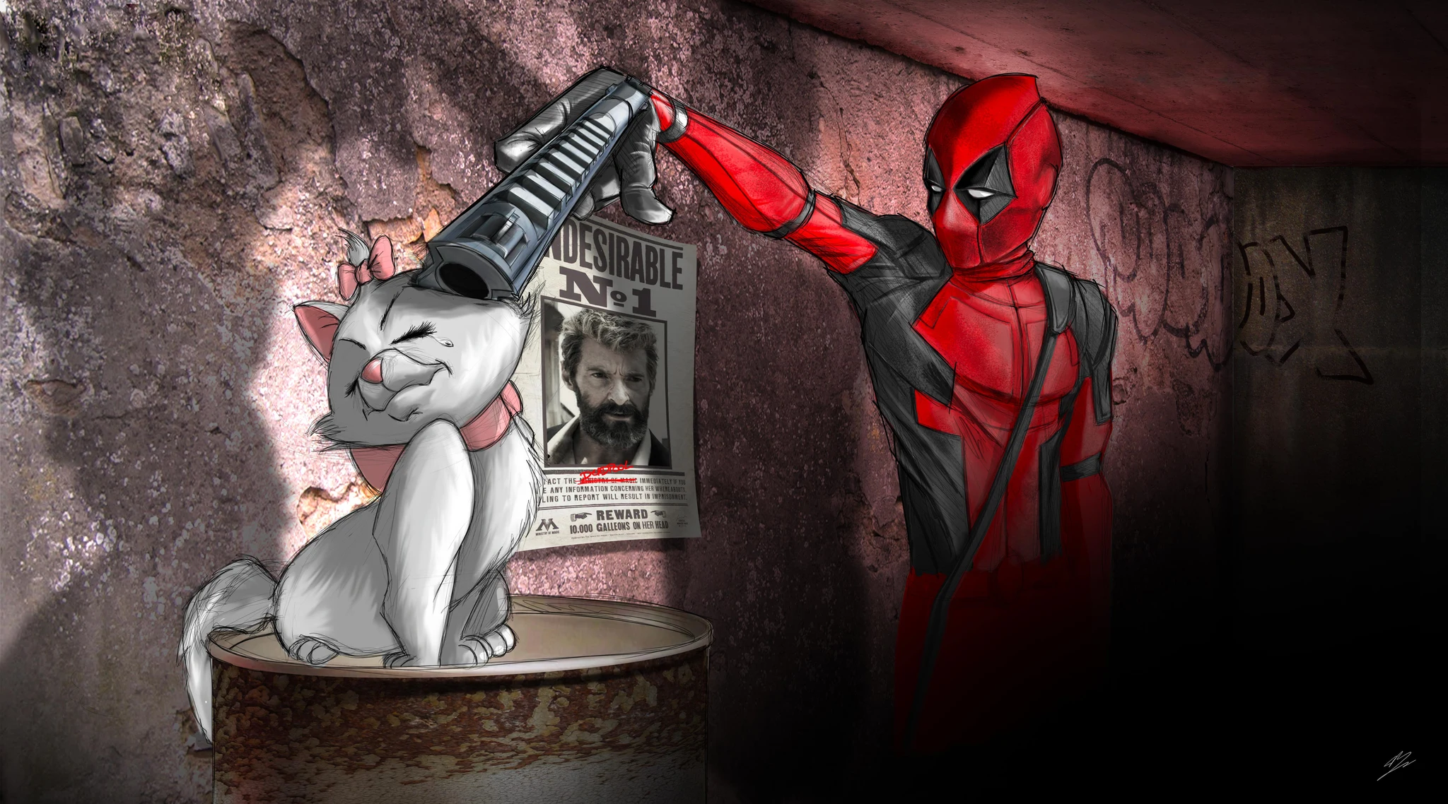 Deadpool braque Marie des Aristochats, l'affiche Undesirable No 1 de Hugh Jackman en Wolverine au mur., monté en caisse américaine