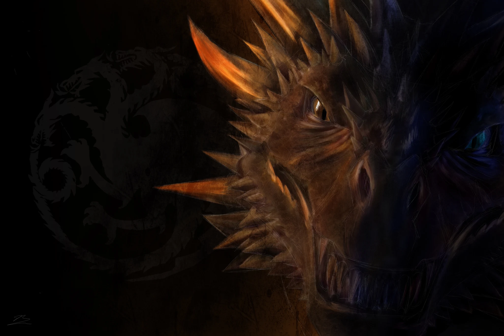 Drogon de profil aux épines orange, Viserion en ombre bleue au bord droit, blason Targaryen., monté en caisse américaine