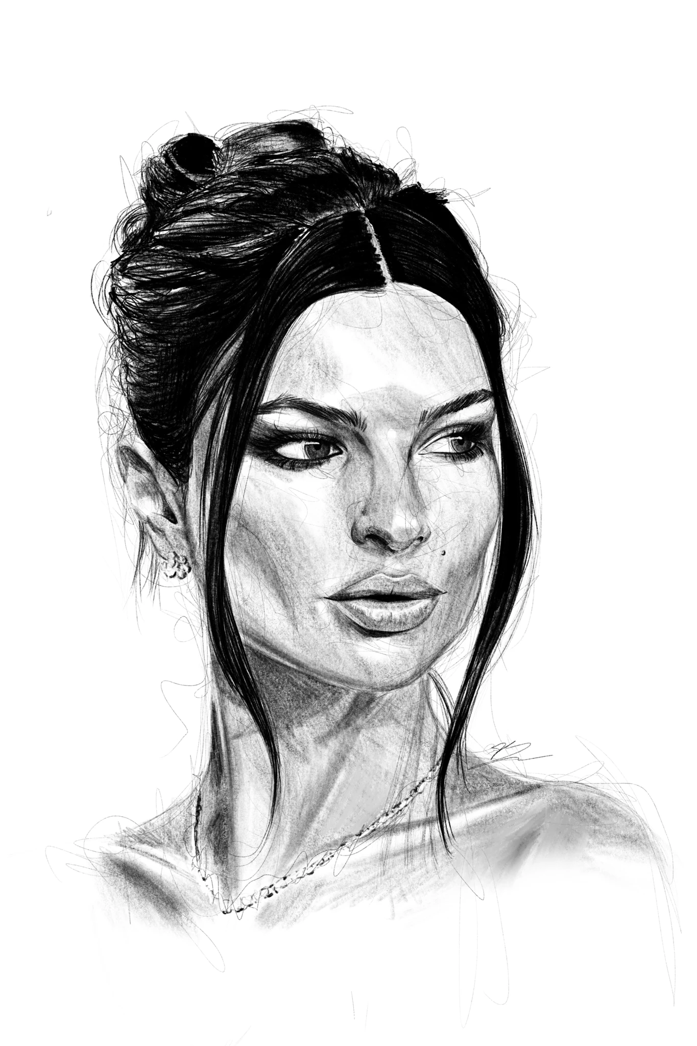 Portrait au crayon d'Emily Ratajkowski, chignon haut, mèches libres, regard de côté, épaules nues., monté en caisse américaine
