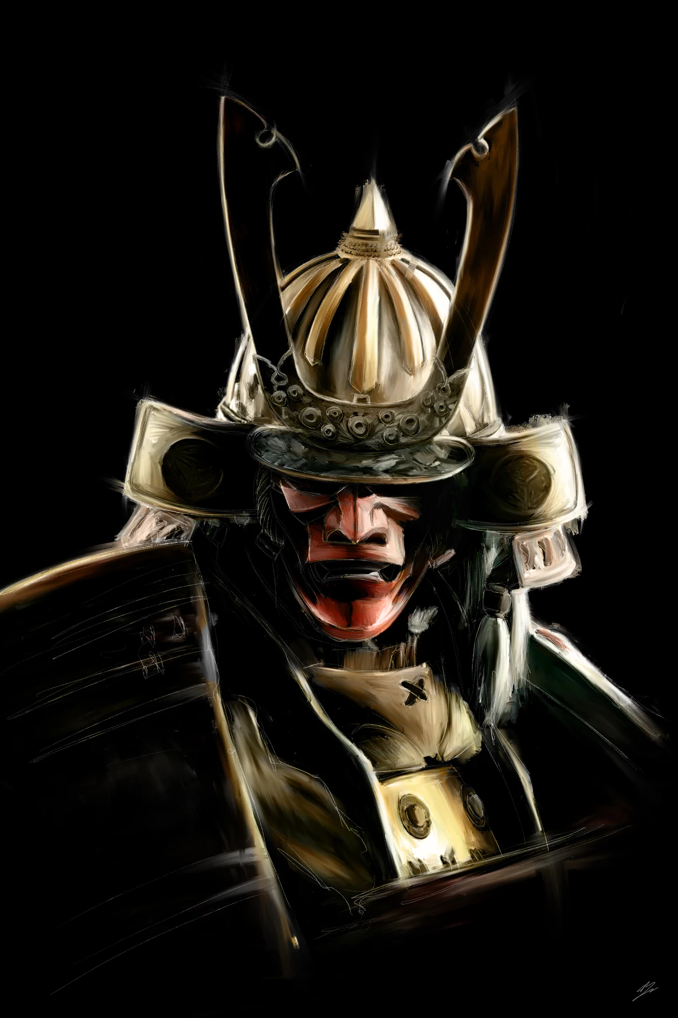 Samouraï de For Honor, kabuto doré à grandes cornes, masque rouge grimaçant, fond noir., monté en caisse américaine