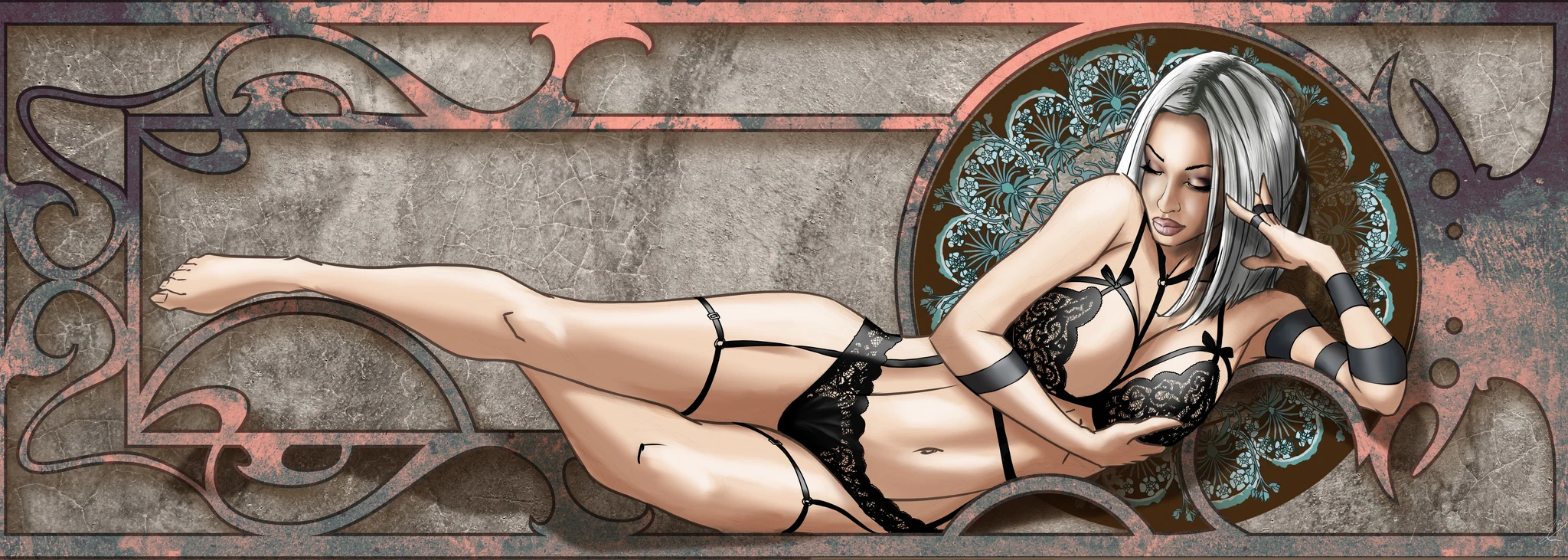 Femme allongée en lingerie de dentelle noire et porte-jarretelles, devant une rosace florale Art Nouveau., monté en caisse américaine