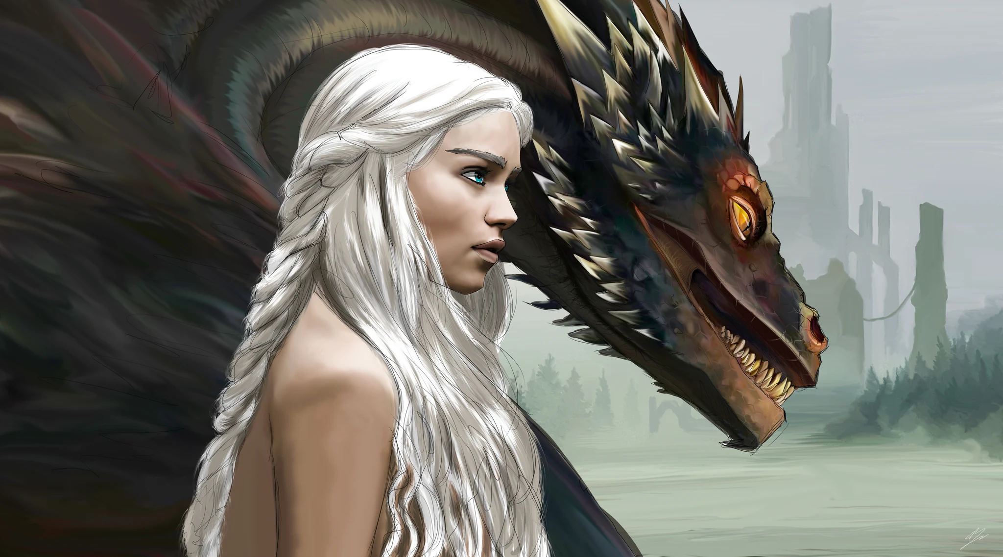 Daenerys Targaryen sous les traits d'Emilia Clarke, de profil, tresses blanches, Drogon derrière elle., monté en caisse américaine