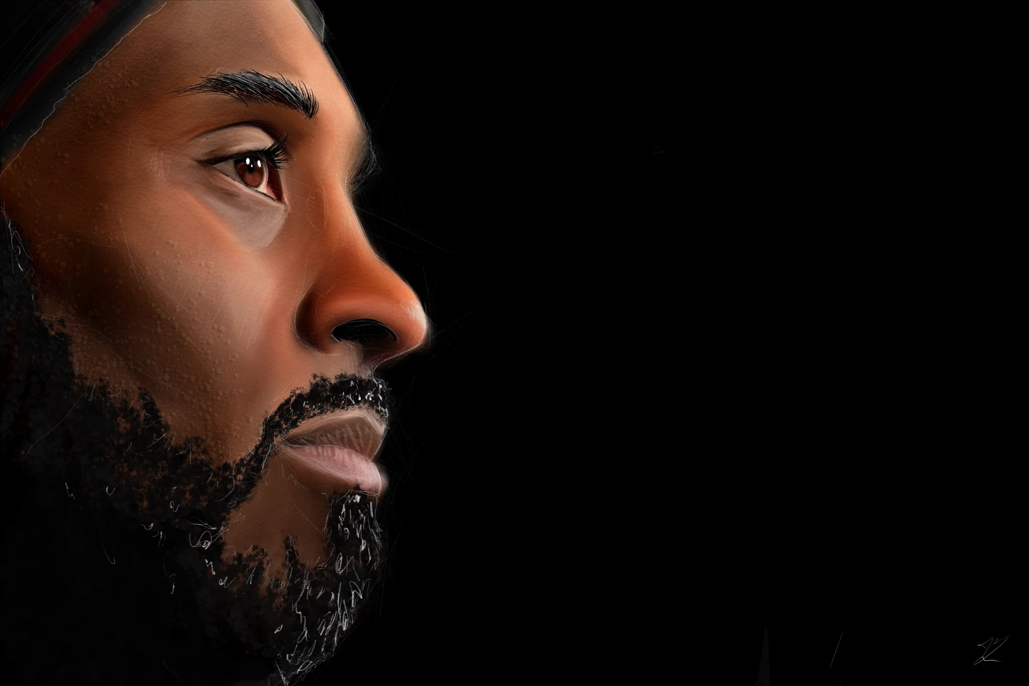 Kobe Bryant de profil vers la droite, barbe fournie, bandeau sur le front, fond noir., monté en caisse américaine