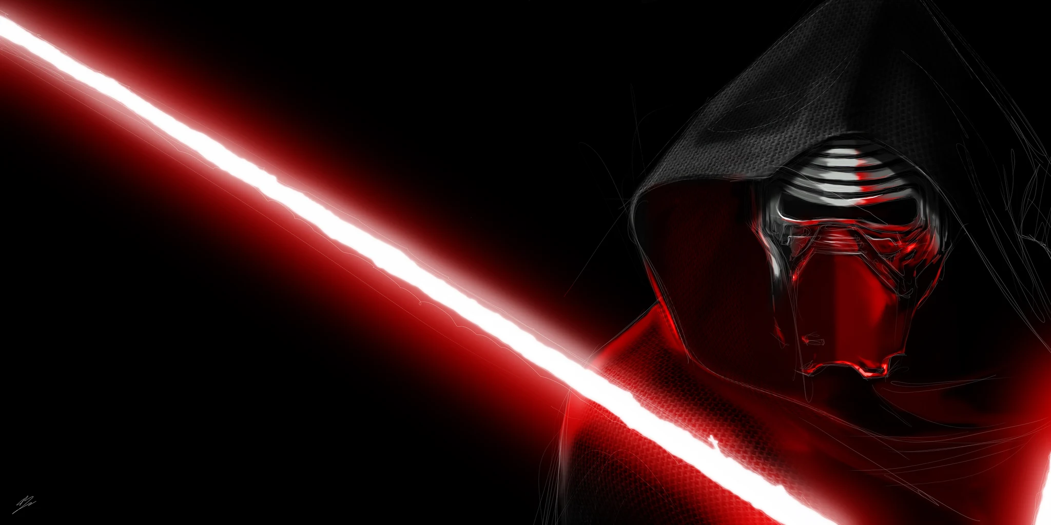 Kylo Ren masqué sous sa capuche, sabre laser rouge en diagonale sur fond noir., monté en caisse américaine