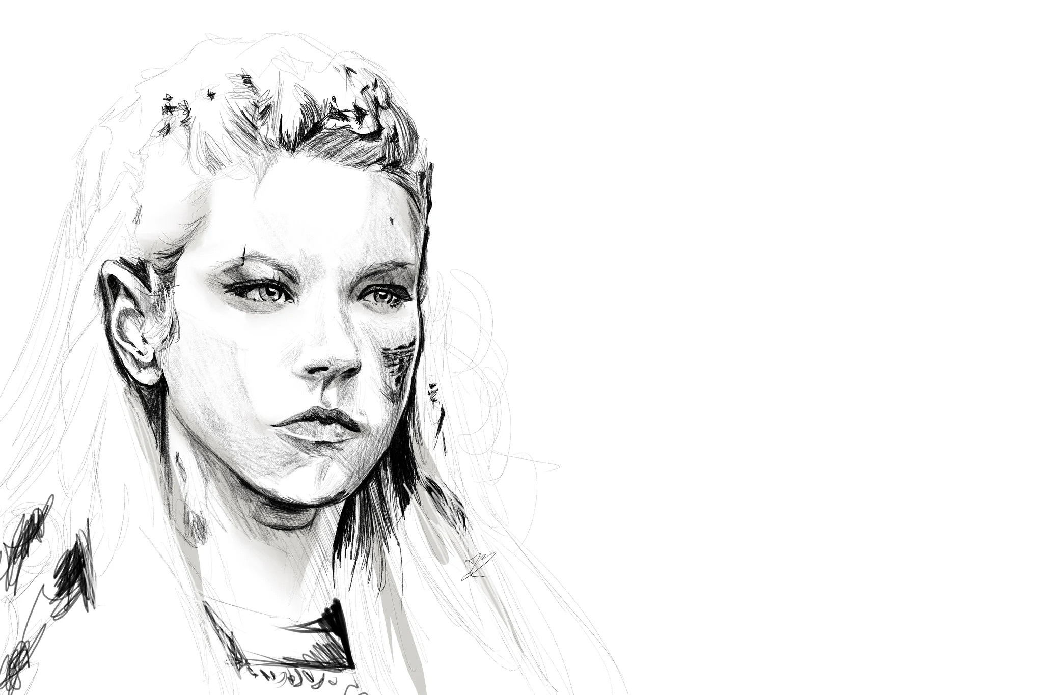Portrait au crayon de Lagertha, tresses de guerrière, peinture de guerre sur la joue, cheveux longs esquissés., monté en caisse américaine