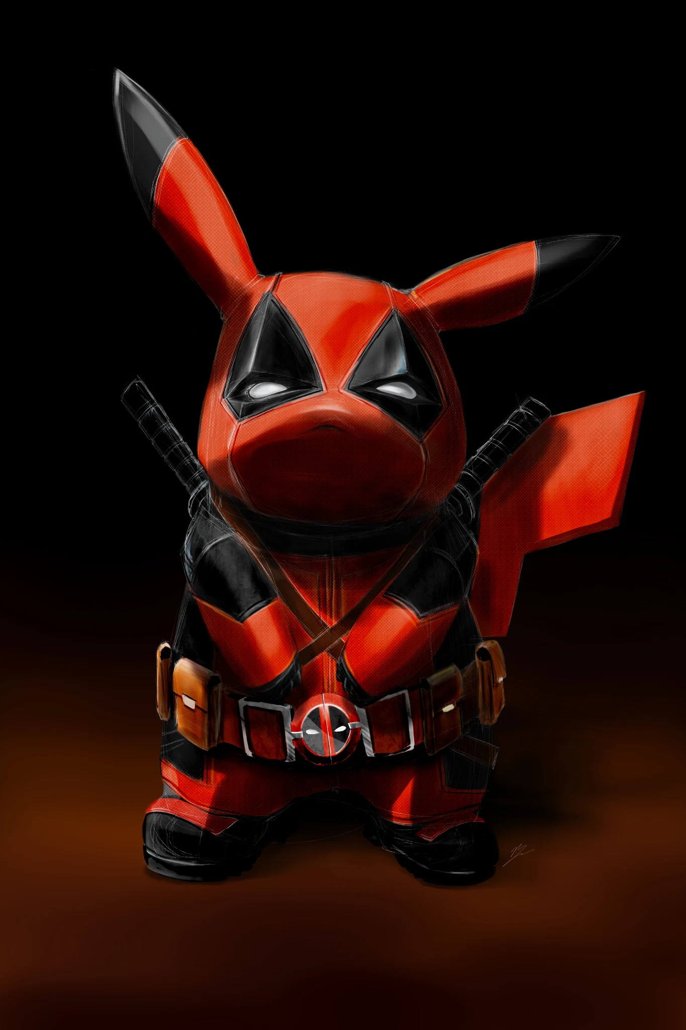 Pikachu en costume de Deadpool, katanas croisés dans le dos, queue en éclair rouge, fond noir., monté en caisse américaine