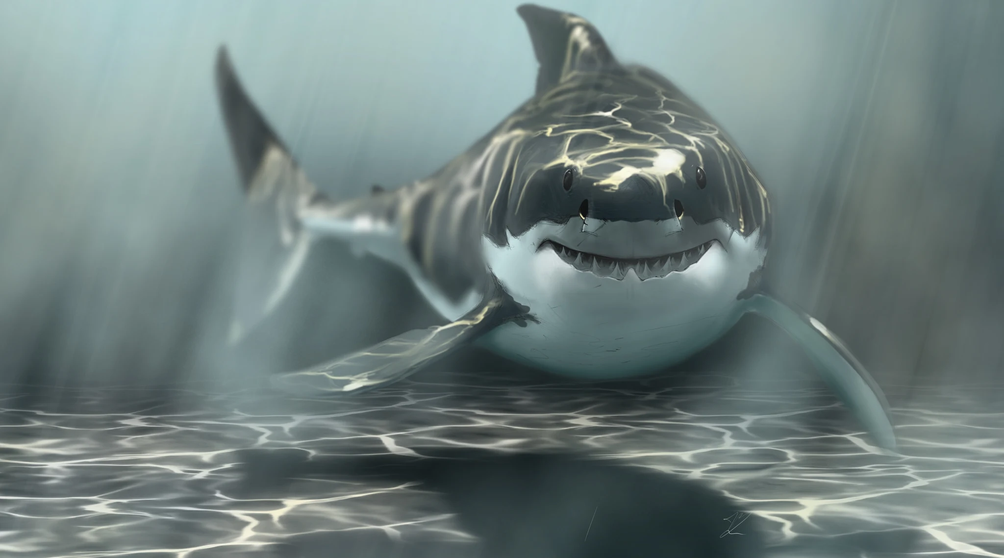 Requin blanc de face, gueule entrouverte, reflets de lumière sur le dos et le fond sableux., monté en caisse américaine
