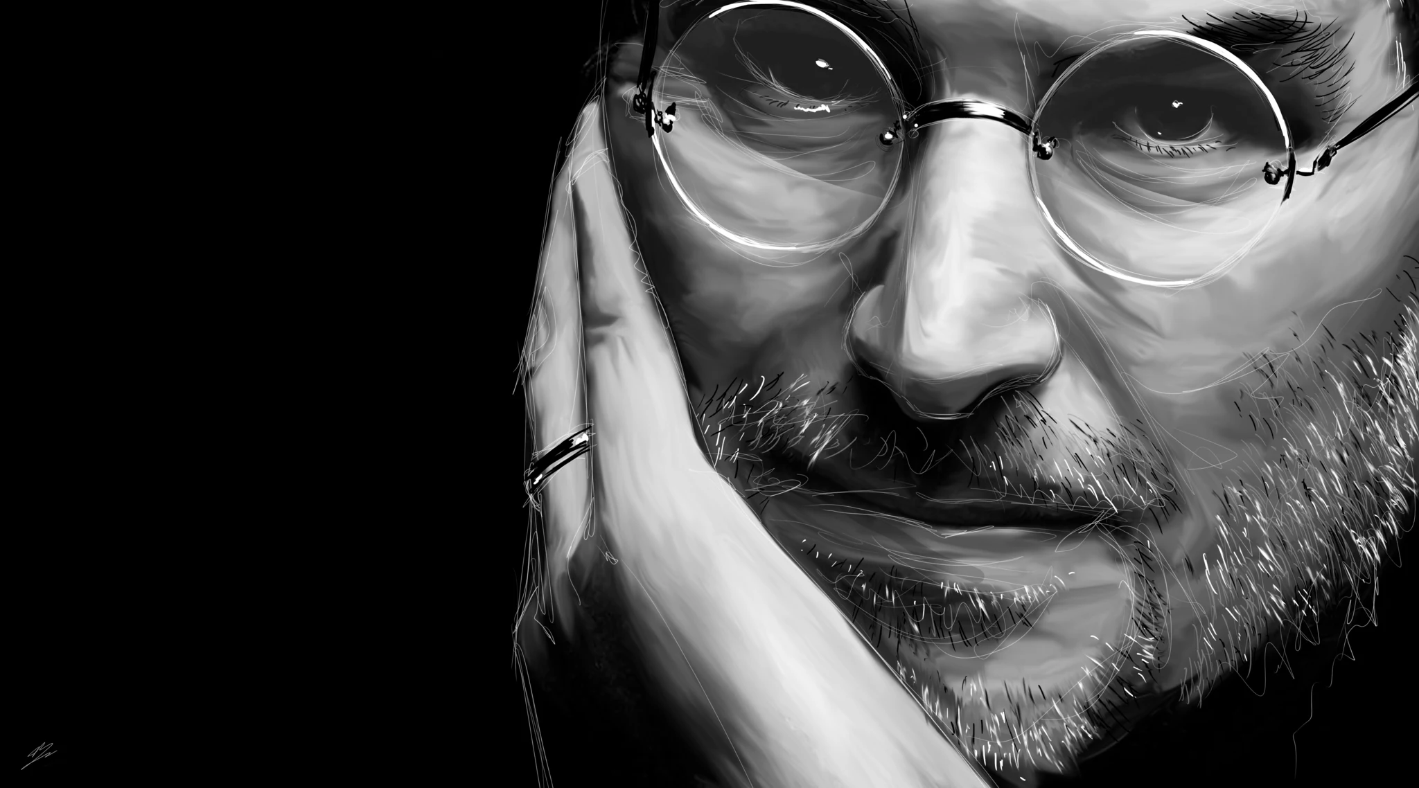 Steve Jobs en noir et blanc, poing contre la joue, lunettes rondes, sur fond noir., monté en caisse américaine