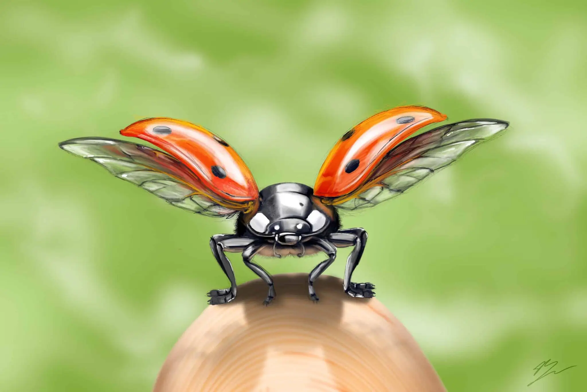 Coccinelle de face sur un bout de doigt, élytres rouges ouverts, ailes translucides déployées, fond vert., monté en caisse américaine
