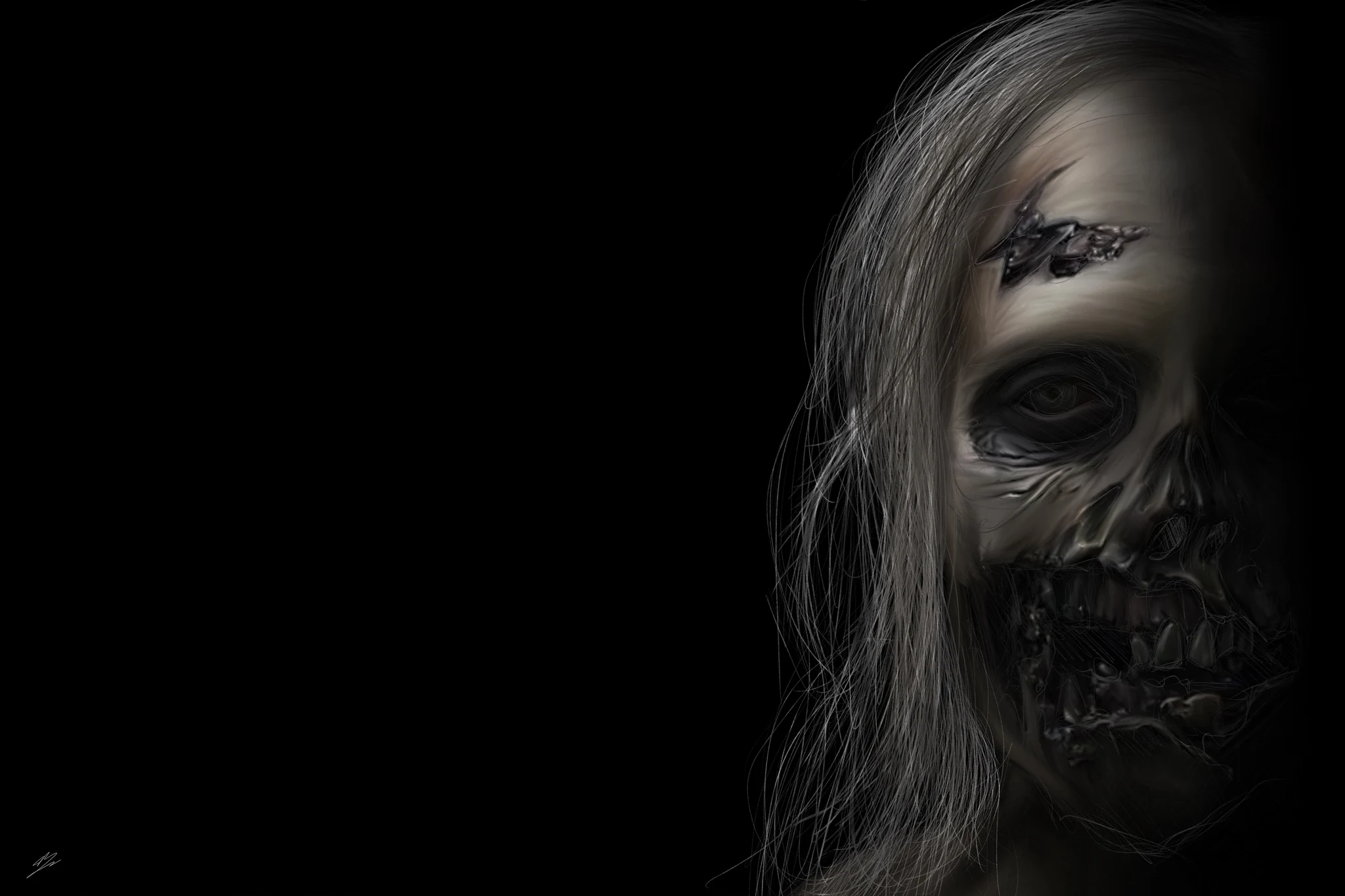 Rôdeur de Walking Dead au bord droit, cheveux longs, œil vide, mâchoire à nu, fond noir., monté en caisse américaine