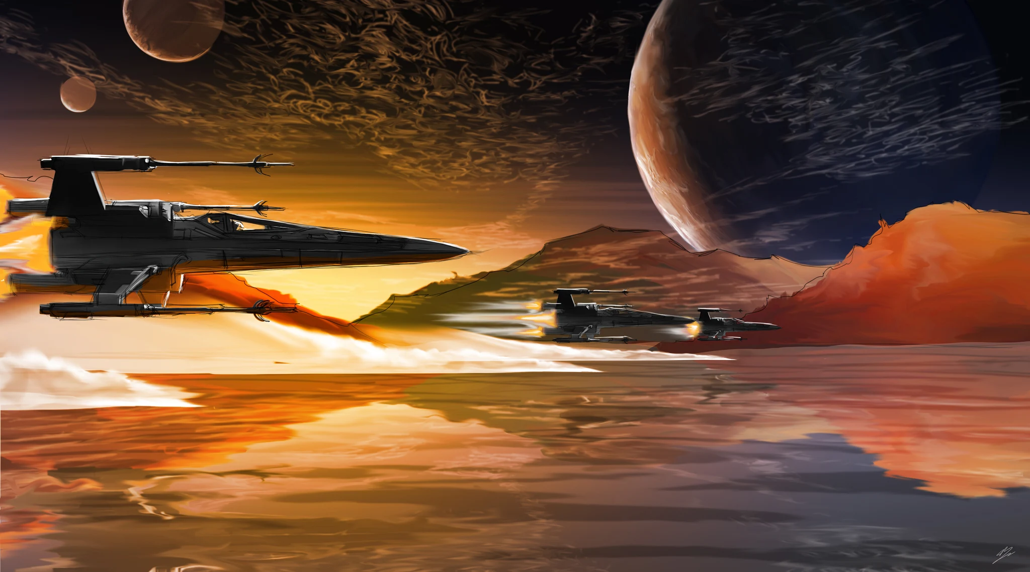 Trois chasseurs X-wing en rase-mottes sur une mer orange au couchant, trois lunes., monté en caisse américaine