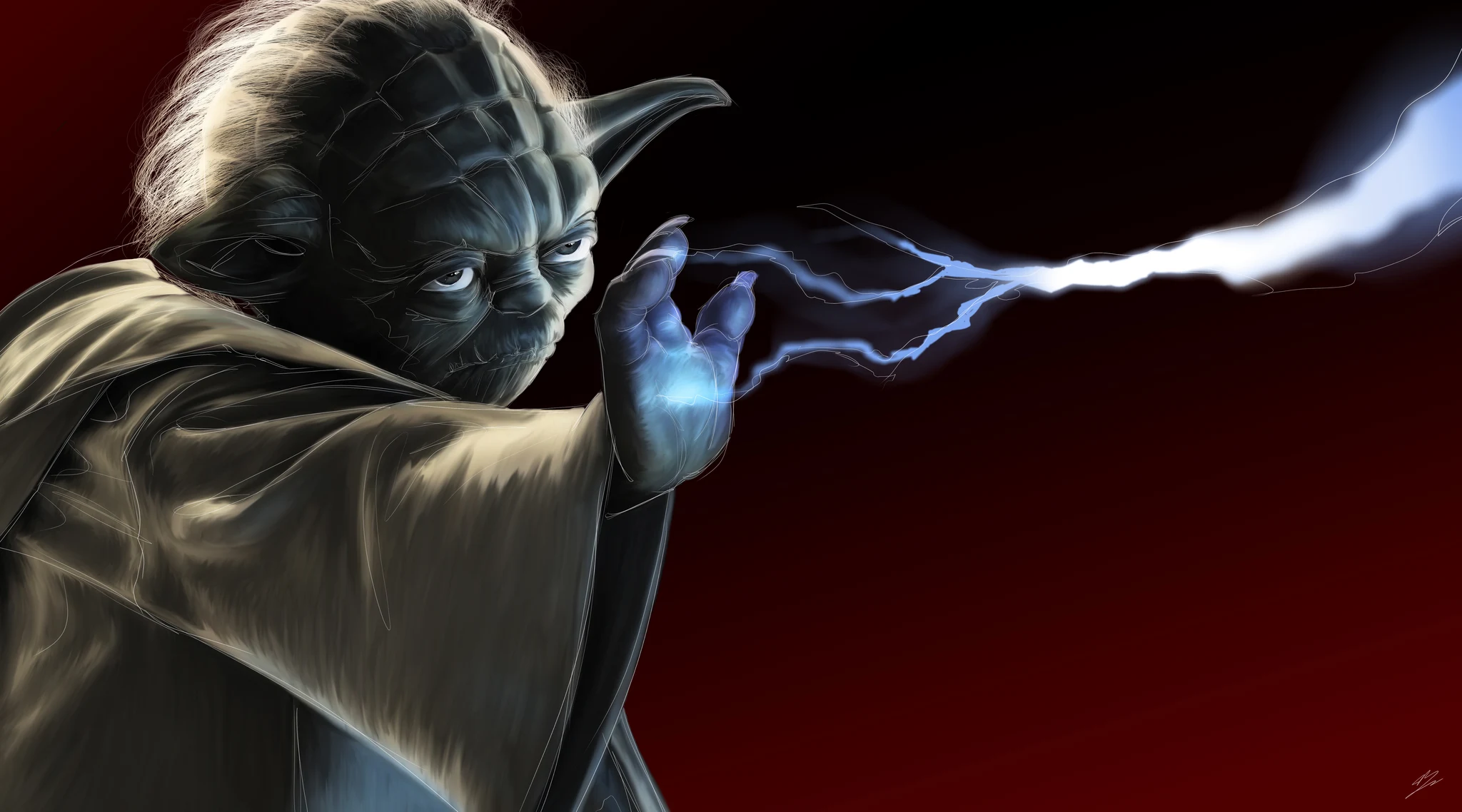 Yoda, sourcils froncés, main tendue qui absorbe un éclair de Force bleu, fond rouge., monté en caisse américaine