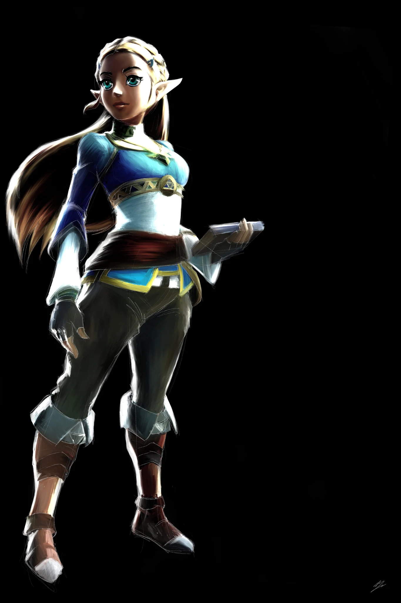 La princesse Zelda en pied, tenue bleue, cheveux tressés, tablette Sheikah en main, fond noir., monté en caisse américaine