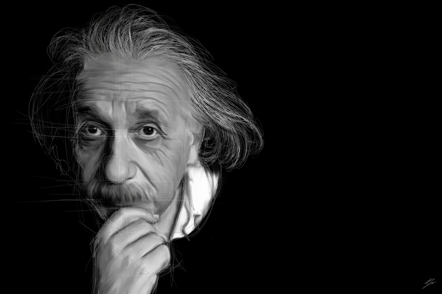 Albert Einstein âgé, la main sous le menton, cheveux blancs ébouriffés et moustache, sur fond noir.
