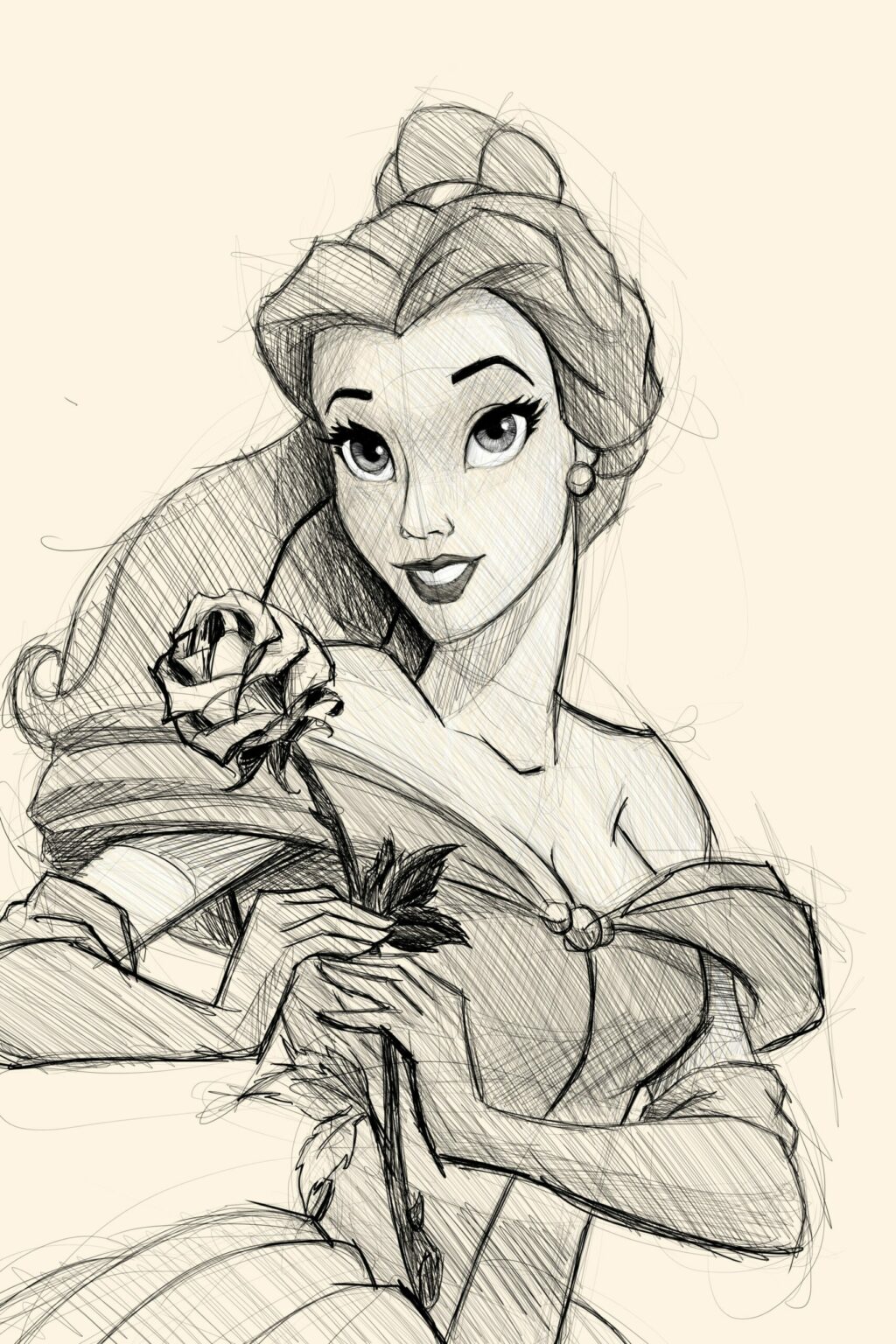 Belle de Disney en croquis noir sur crème, chignon, épaules nues, rose tenue à deux mains.