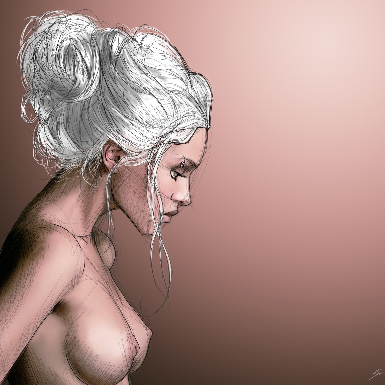 Buste de femme de profil, poitrine nue, chignon haut blanc, piercings à l'arcade et à la narine, monochrome rose-brun.