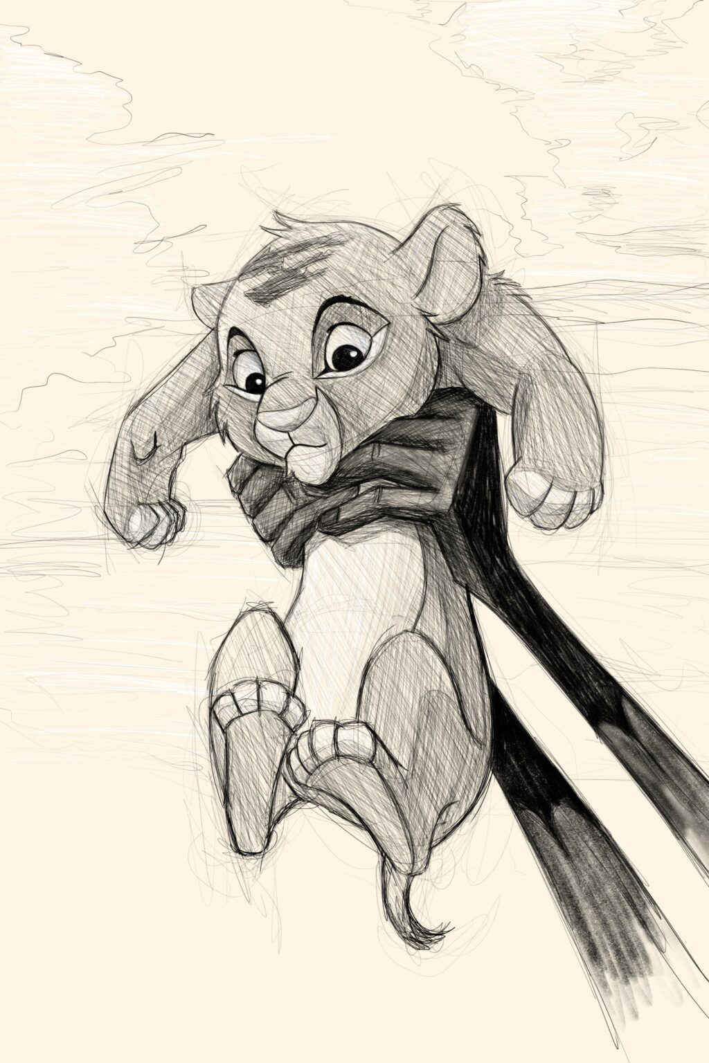 Simba lionceau du Roi lion, soulevé par deux bras sombres, pattes pendantes, croquis sur crème.