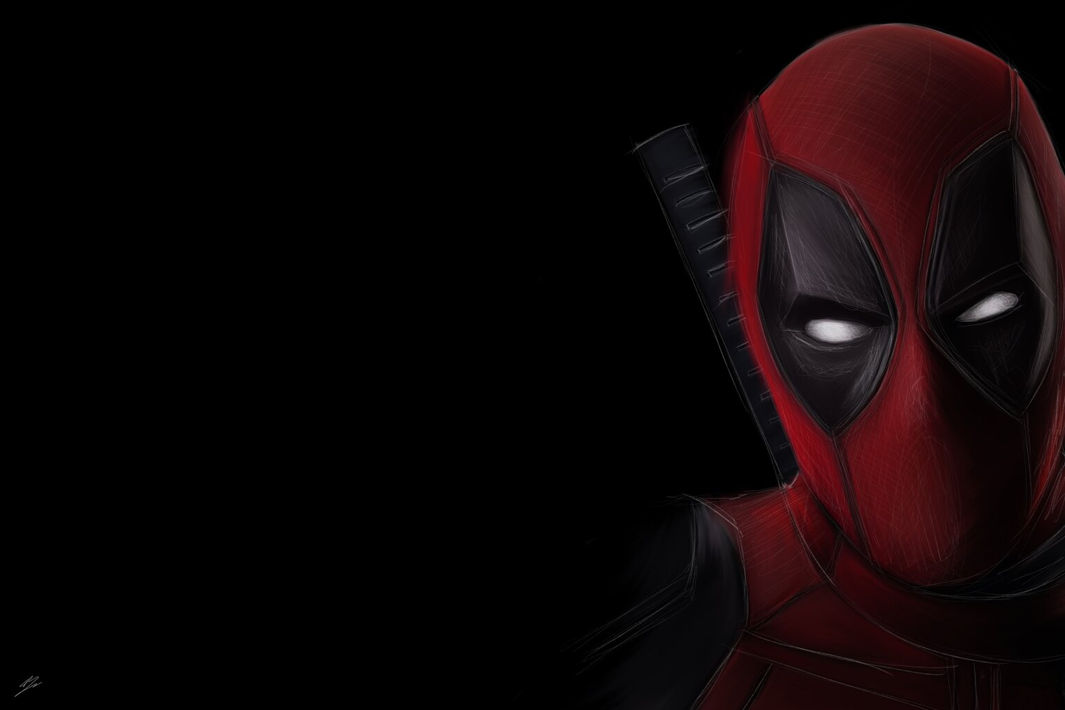 Le masque de Deadpool, fentes blanches des yeux, katana dans le dos, sur fond noir.